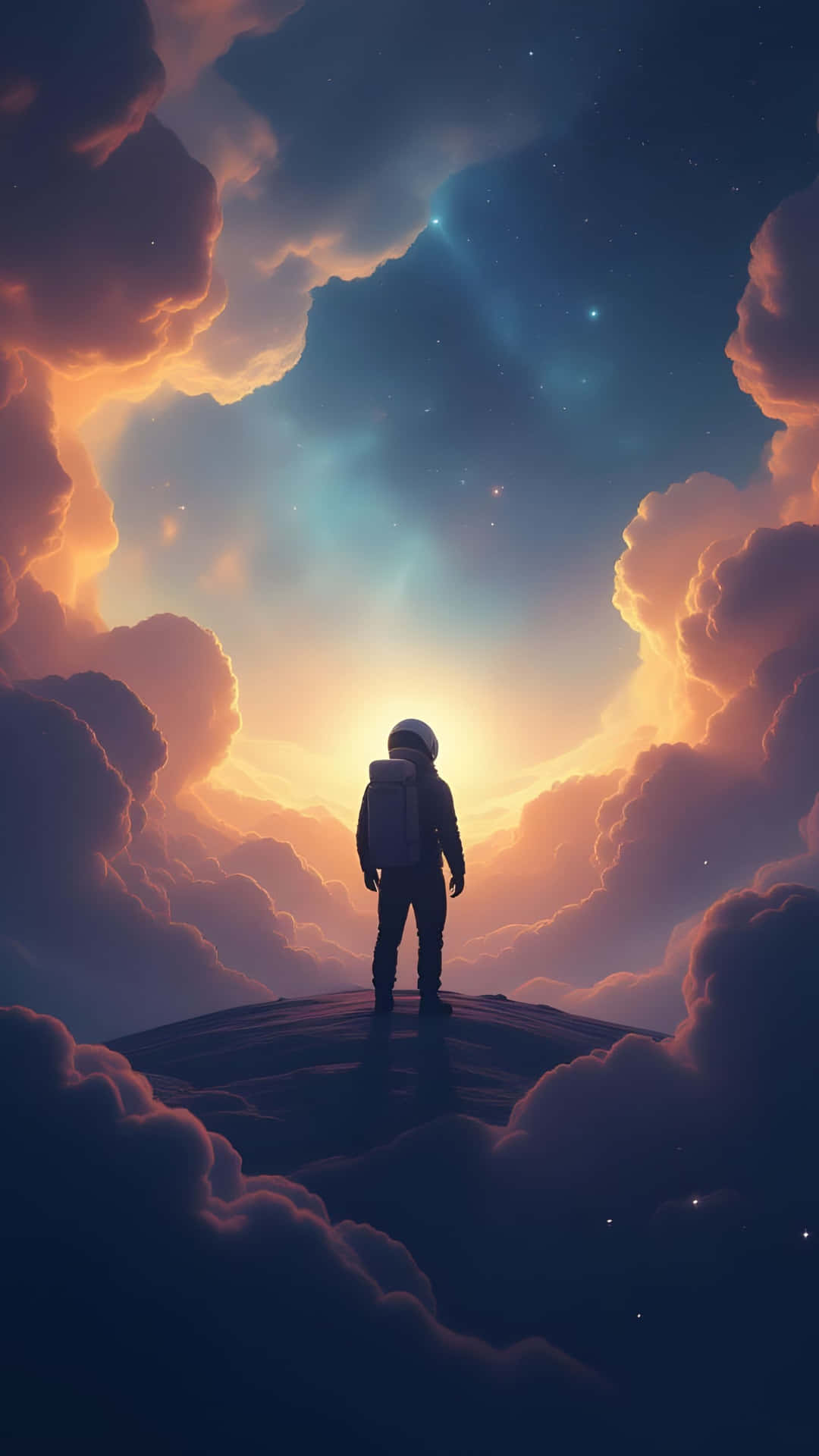 一名孤獨的太空人站在山頂，周圍是發光的雲彩，在繁星點點的暮色天空下。