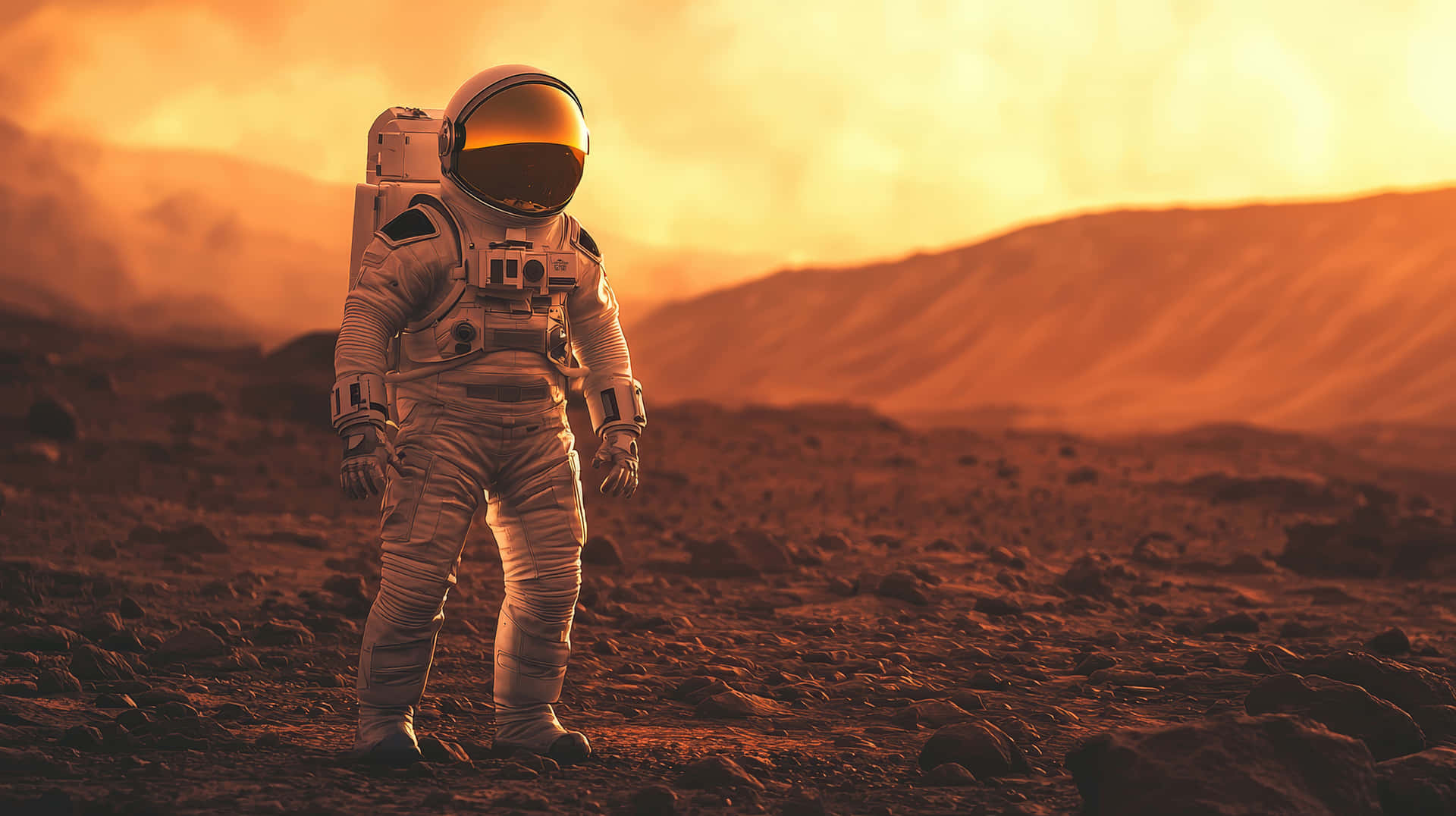 身穿白色太空衣的太空人站在夕陽下的岩石橙色星球上