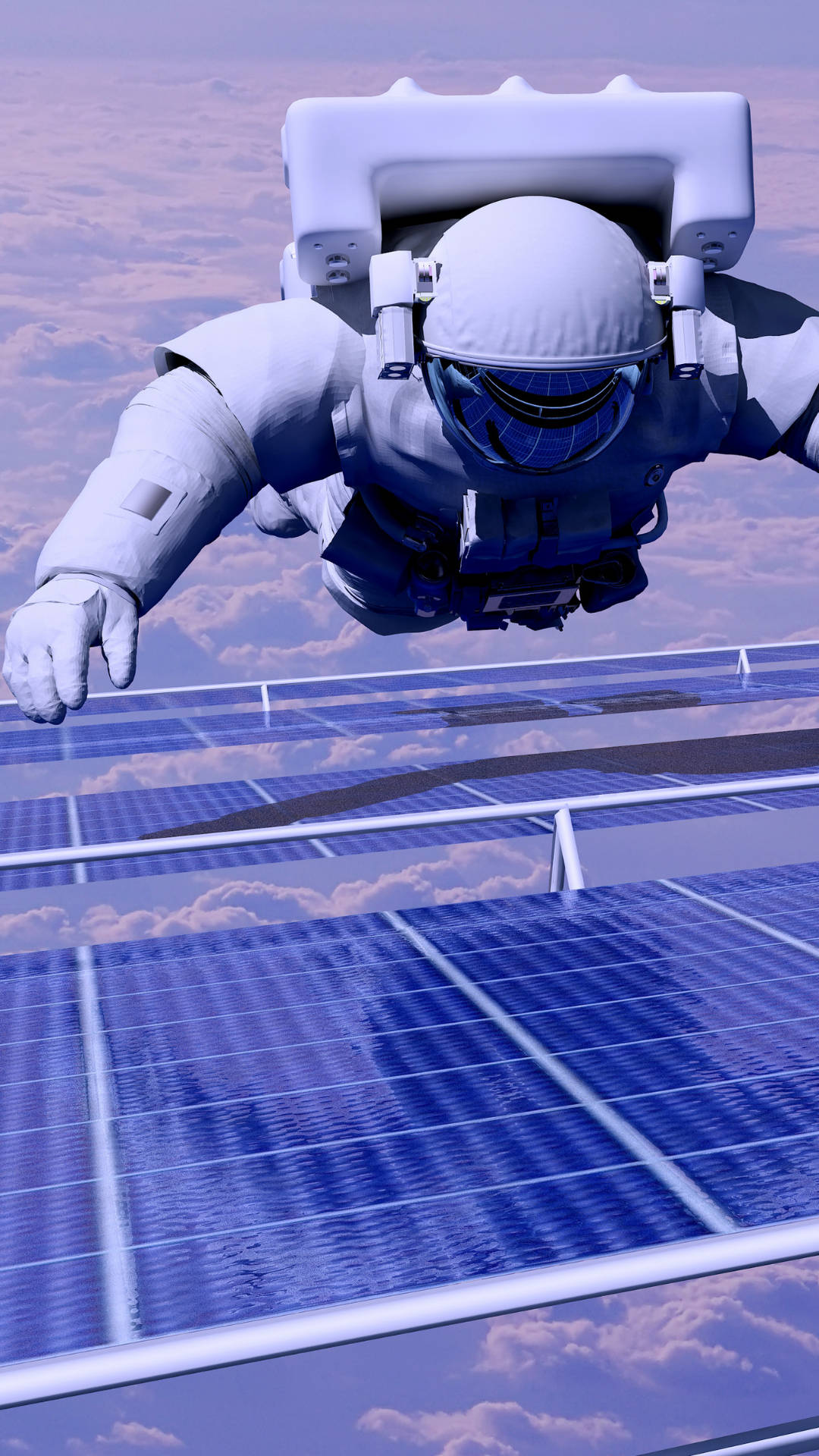 宇航員緊握衛星 壁紙 — 一名太空人漂浮在廣闊的藍色太陽能板上方，背景是多雲的天空。