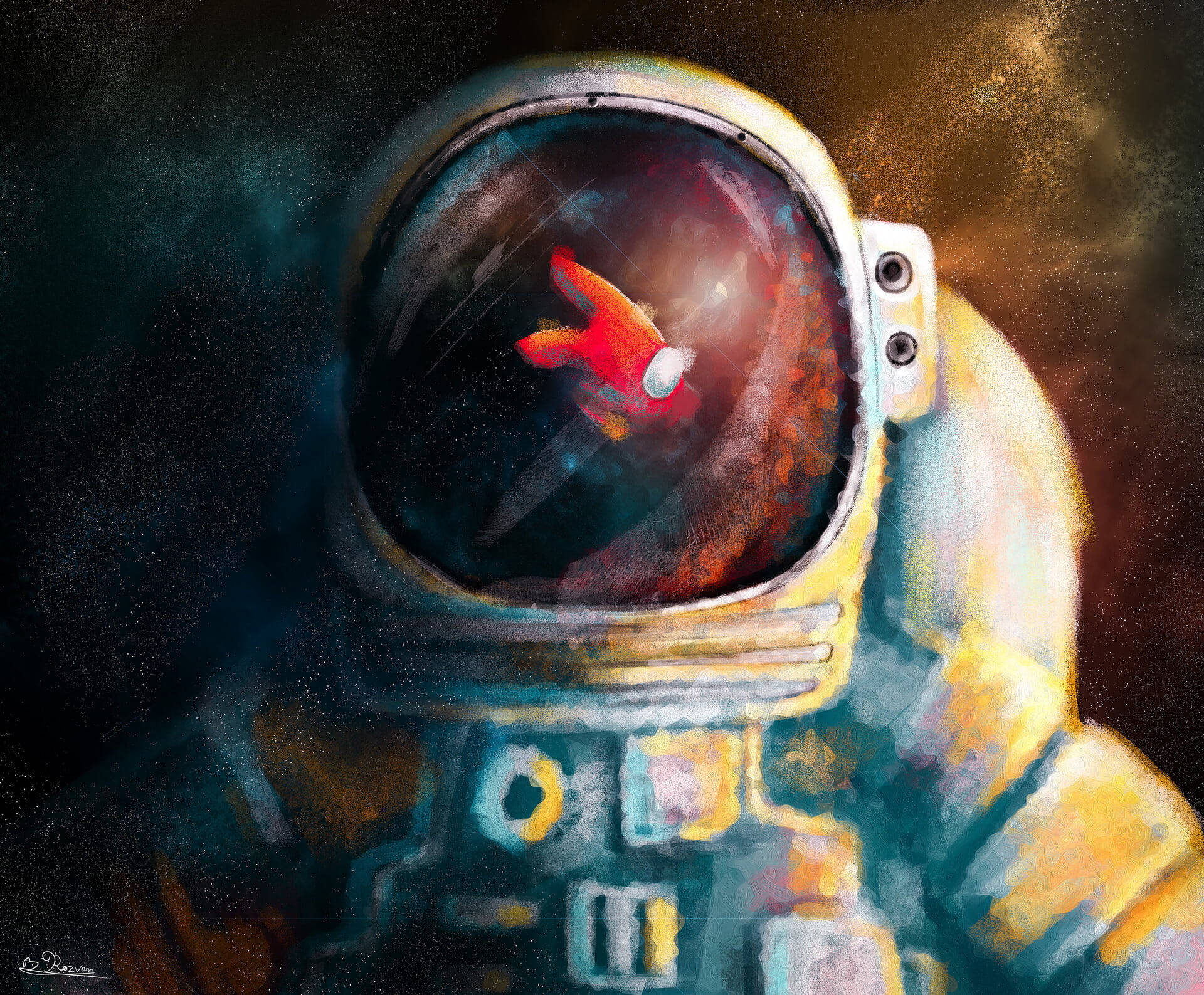 身穿太空衣的太空人看著漂浮在宇宙中的金魚。 — 美學版 among US GIF 壁紙