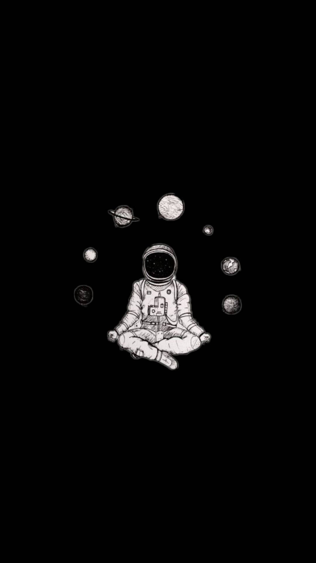 一名太空人在太空中冥想，周圍是極簡線條藝術風格的行星。