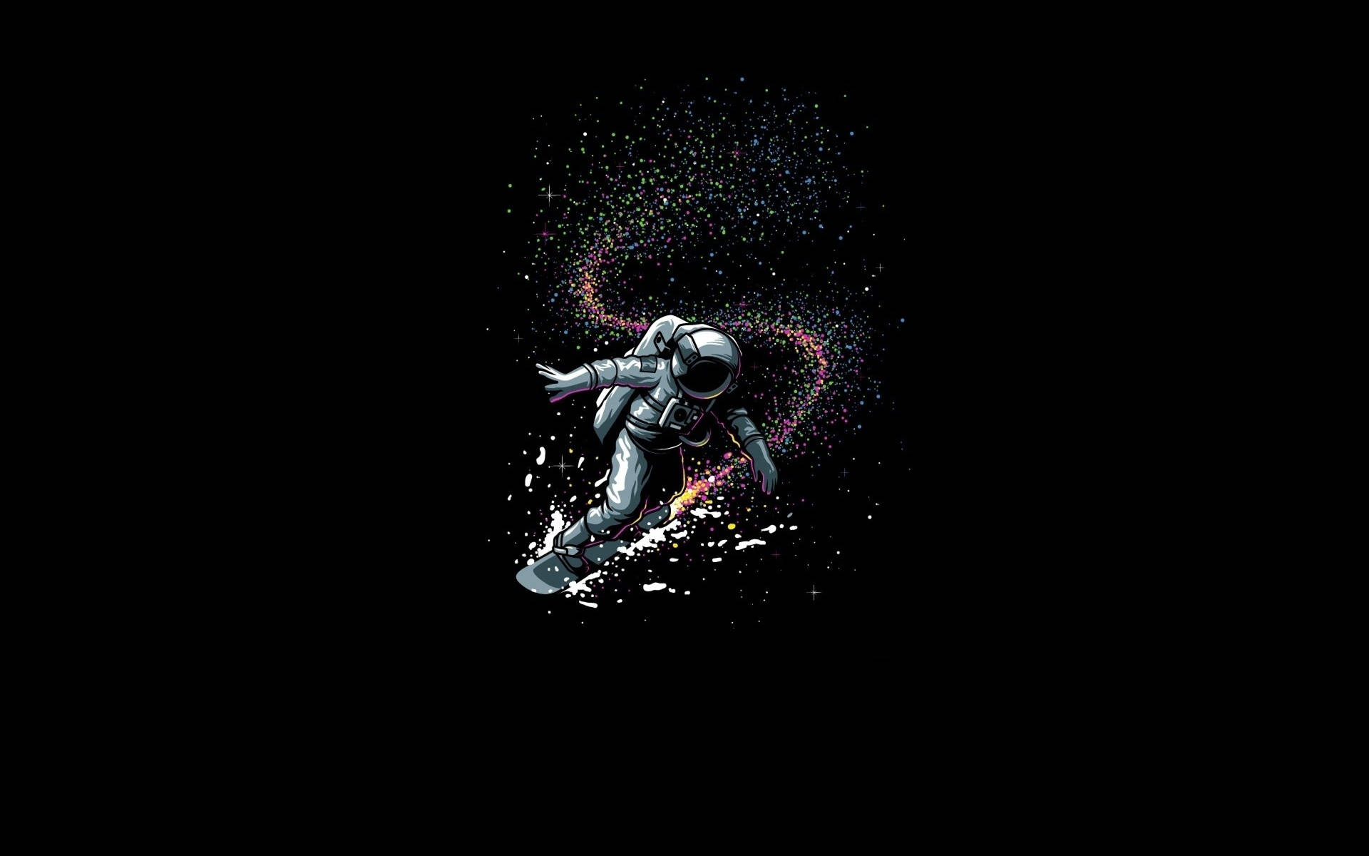 太空人在色彩繽紛的宇宙星雲中滑雪，留下閃爍的痕跡。