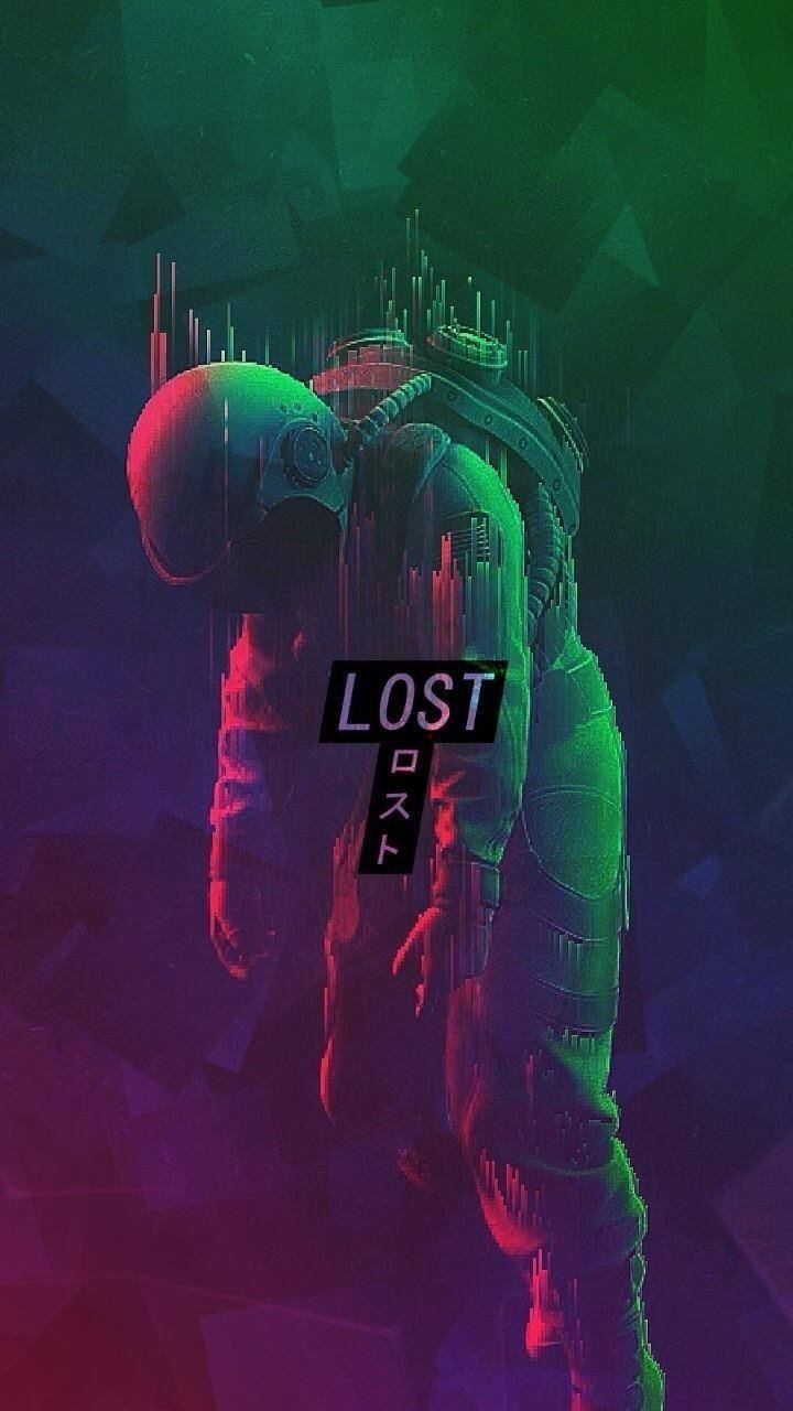 一個在螢光數碼虛空中出現故障的太空人，帶有lost一詞。