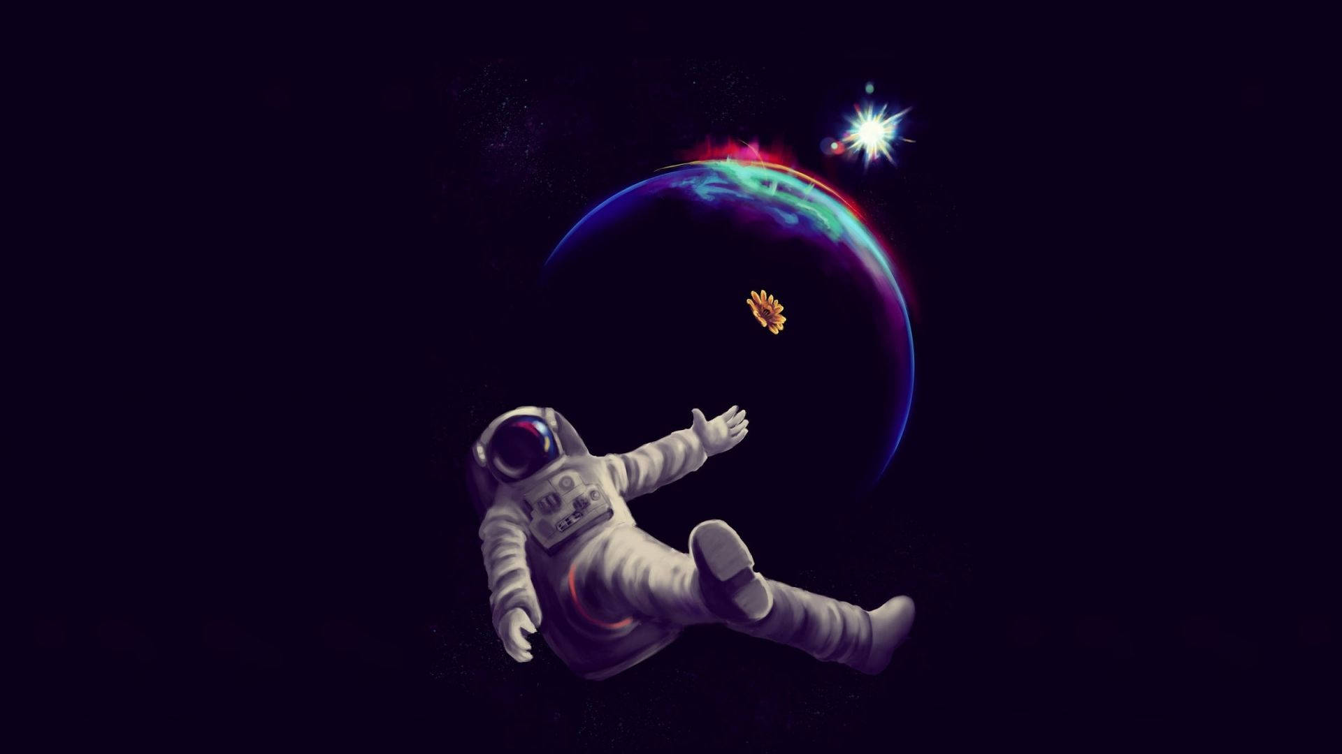 宇航員與向日葵飄浮太空 壁紙 — 一名太空人在太空中漂浮，伸手觸及一顆發光的行星，上方有一顆明亮的星星。