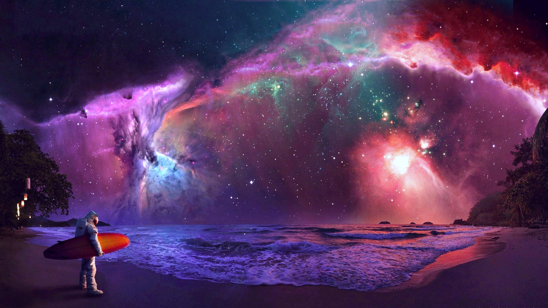 衝浪者在色彩繽紛的宇宙星雲天空下，於海灘上拿著衝浪板。