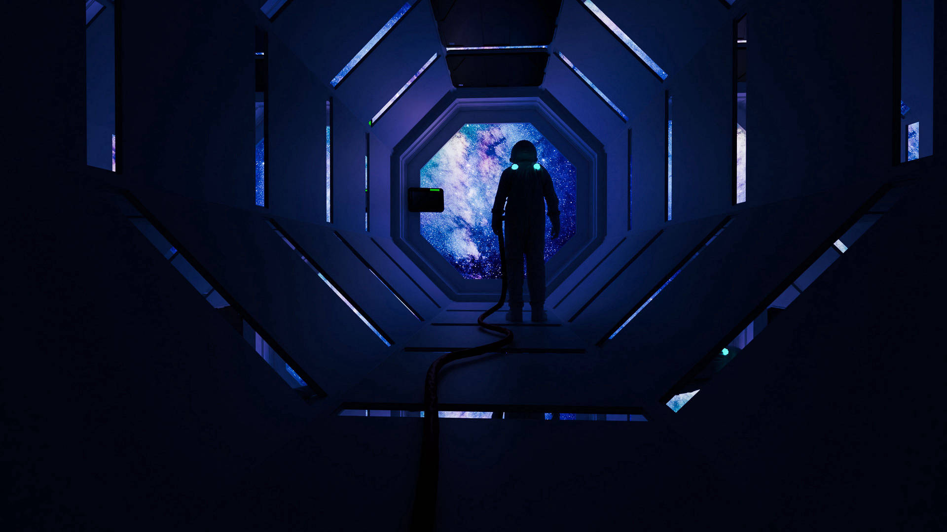 太空船走廊中太空人觀看星雲的剪影