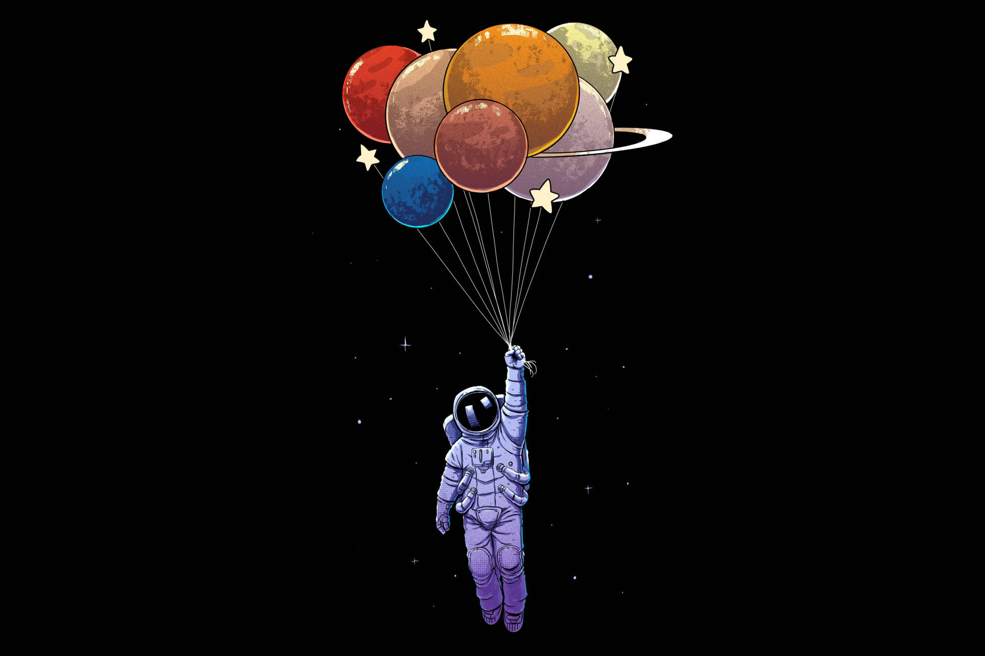 太空人在太空漂浮，手持連接到星球氣球的繩子。