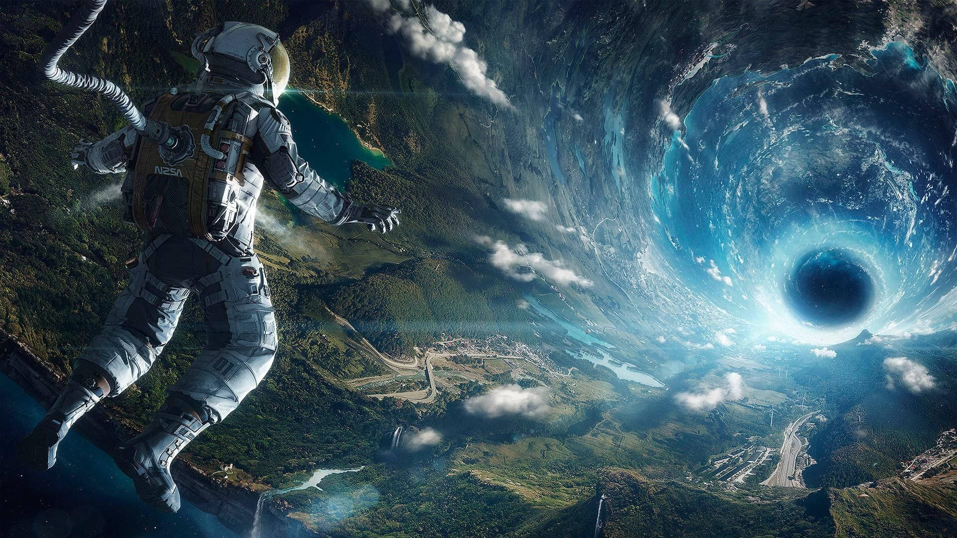 太空人在一個旋轉的宇宙蟲洞附近漂流在星球上方。