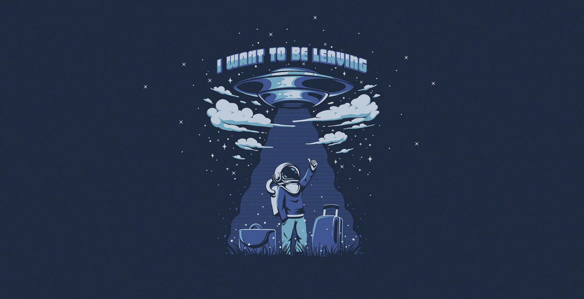 太空人在繁星點點的夜空下揮手告別，同時被UFO連同行李綁架。
