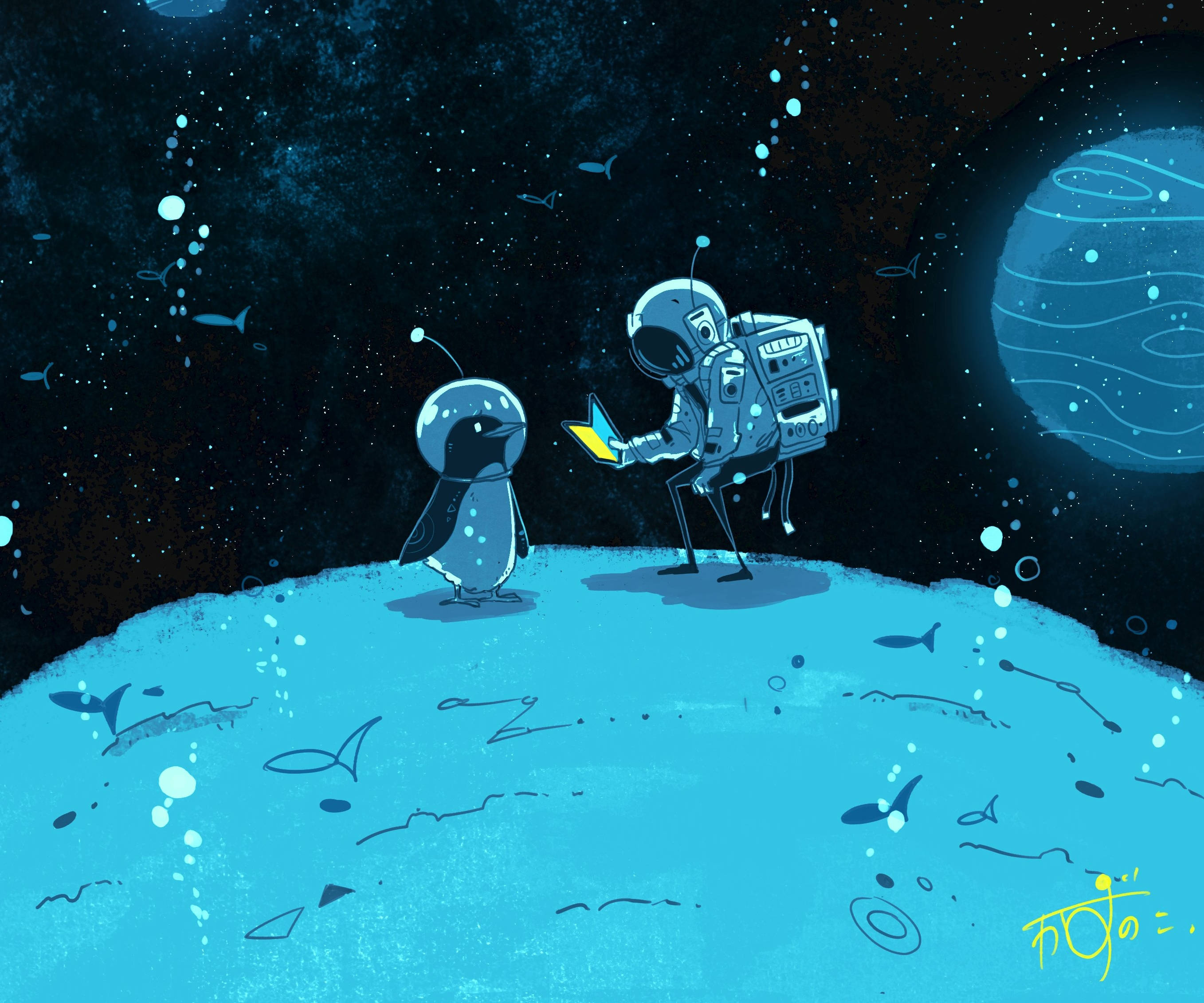 宇航員與鳥兒共處太空 壁紙 — 一名太空人和一隻企鵝站在太空中的藍色星球上，在星空下共享一本黃色的書。