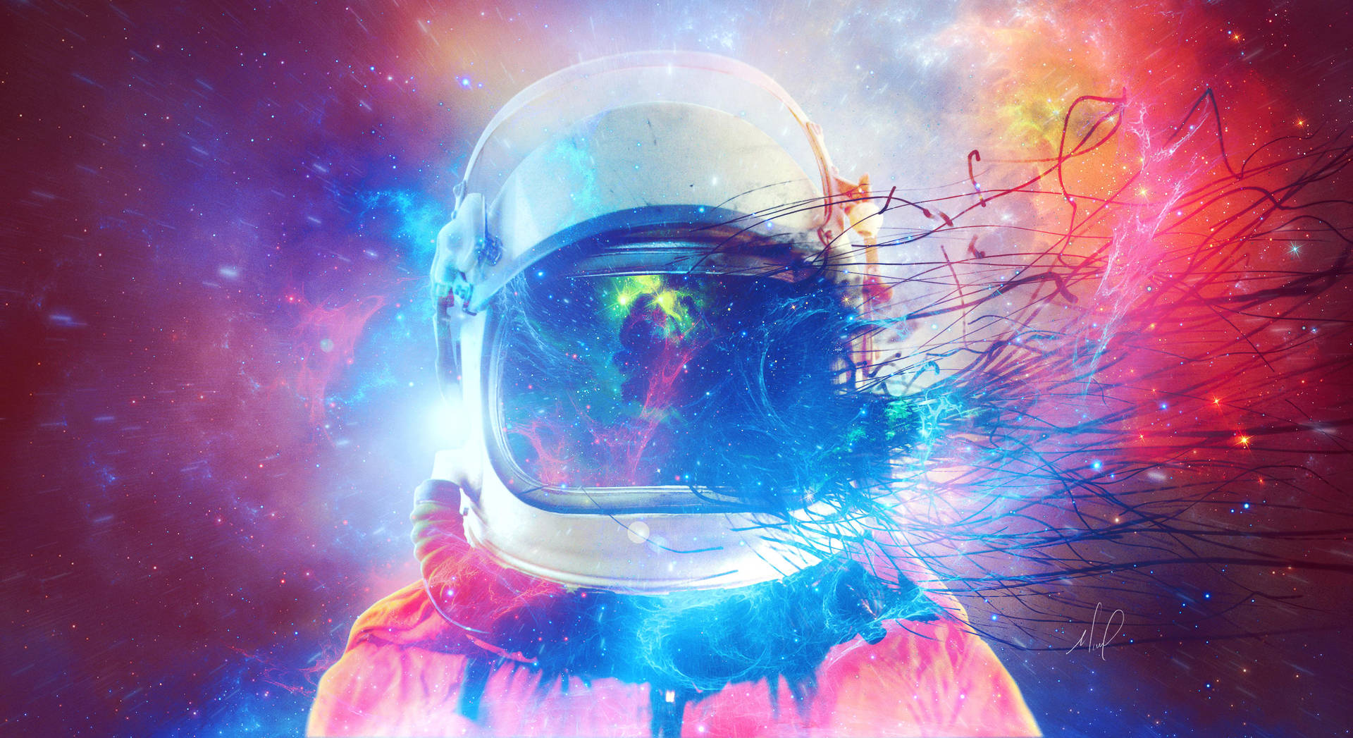 太空人頭盔在色彩繽紛的星雲背景下散發宇宙能量光芒。