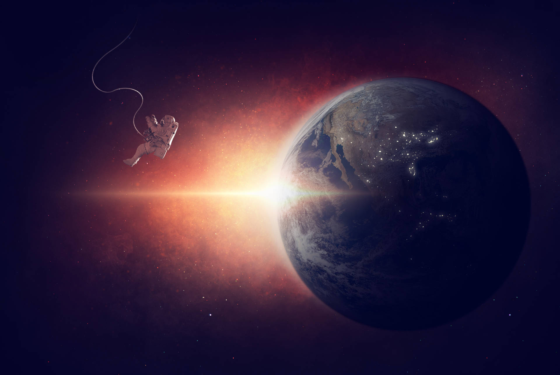 太空人在地球附近的太空中漂流，城市燈光在發光的日落背景下清晰可見。