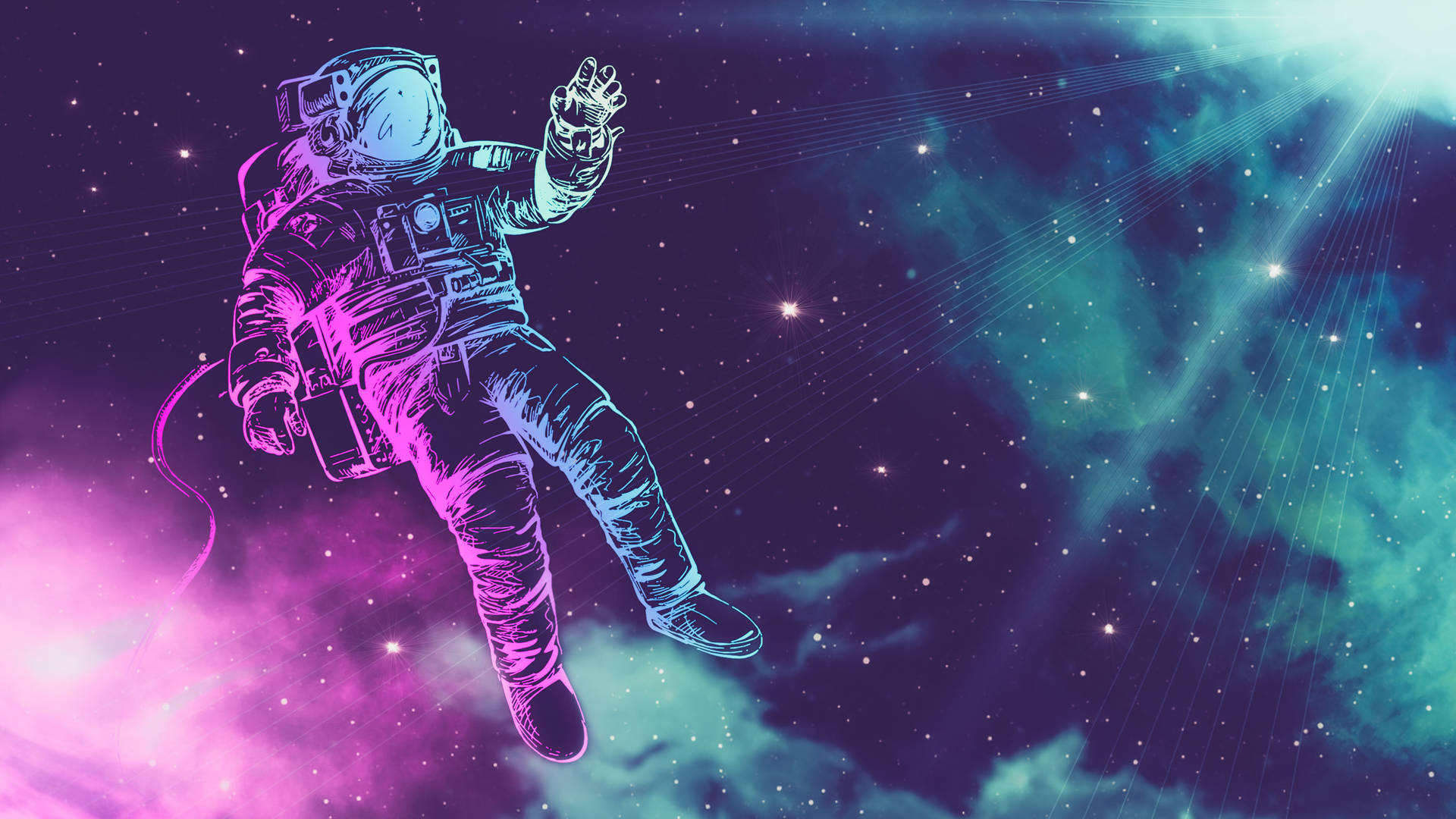 太空人漂浮在色彩繽紛的宇宙空間中，周圍有發光的星雲和星星。