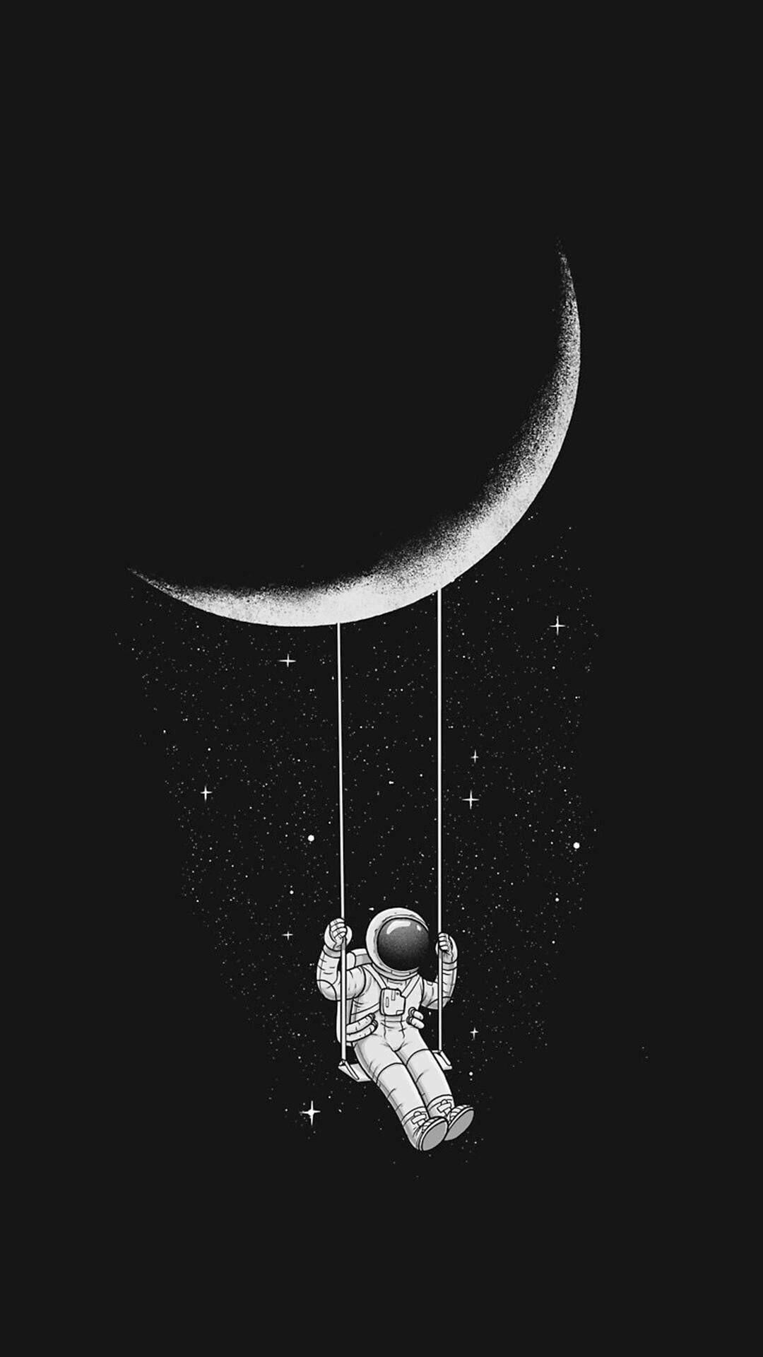 太空人在星空夜空中從新月盪繩索。