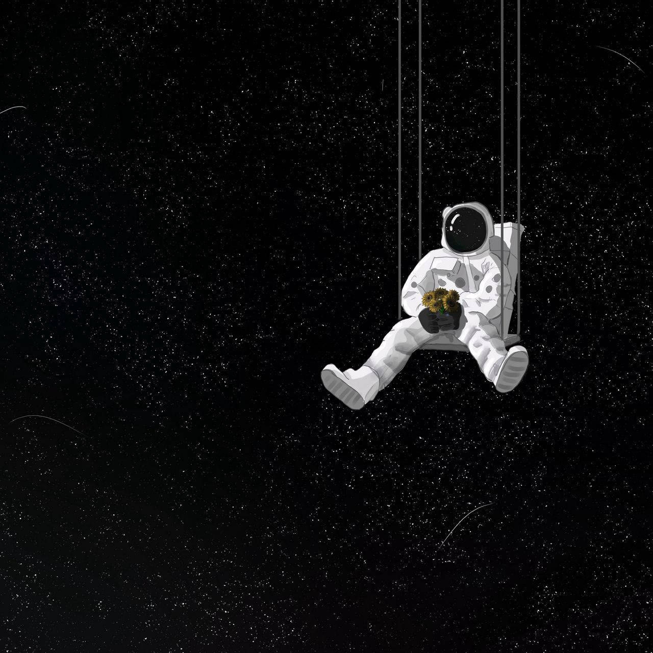 太空人在太空中的鞦韆上，手持盆栽，背景是星空。