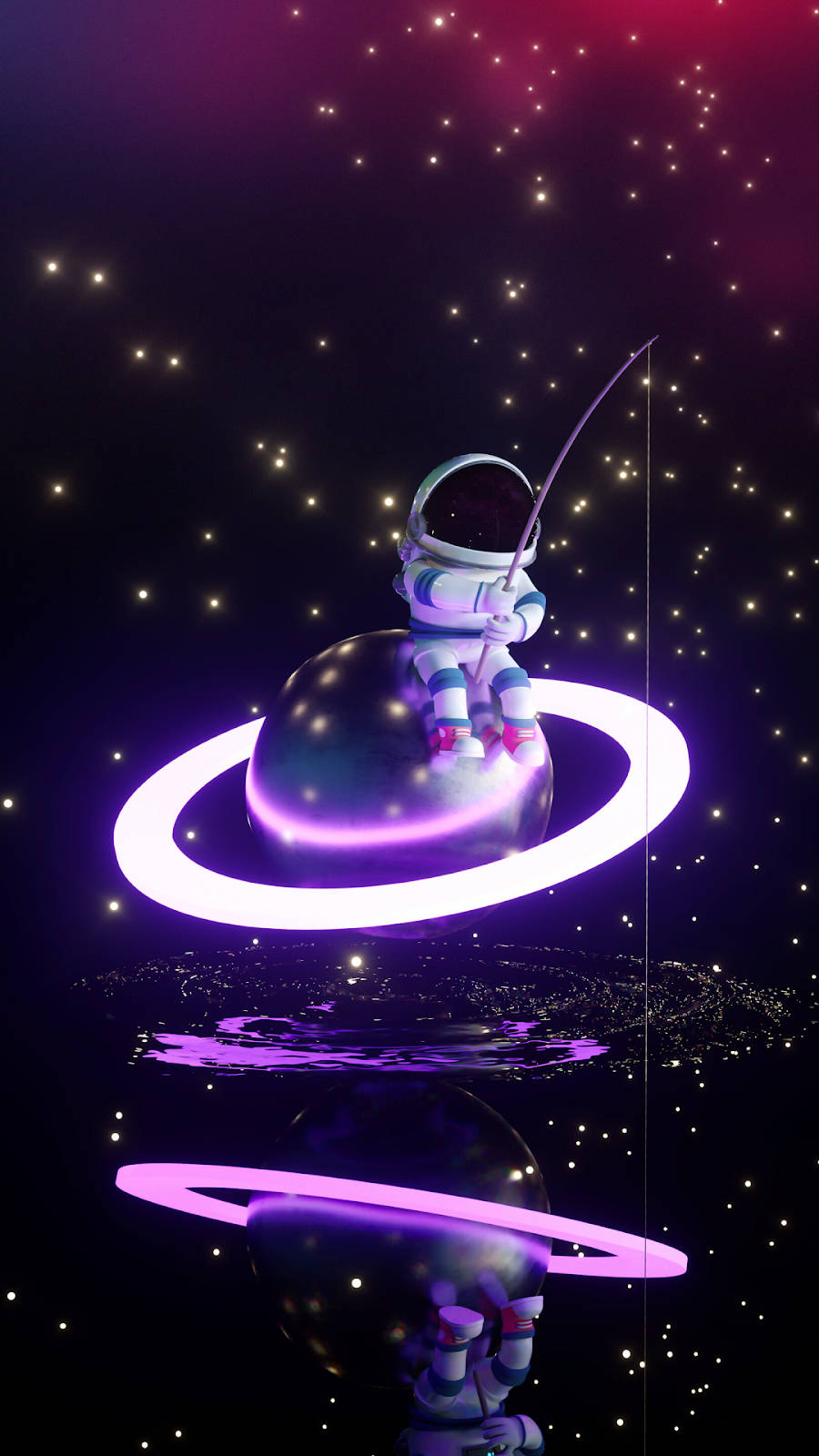 一個小太空人在太空中從一個發光的行星上釣魚，背景有星星和倒影。