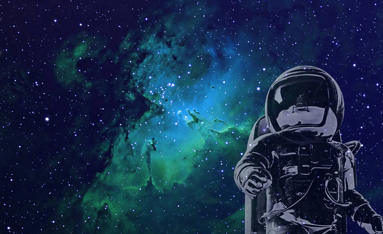 穿著太空衣的太空人漂浮在發光星雲附近，伴有星星
