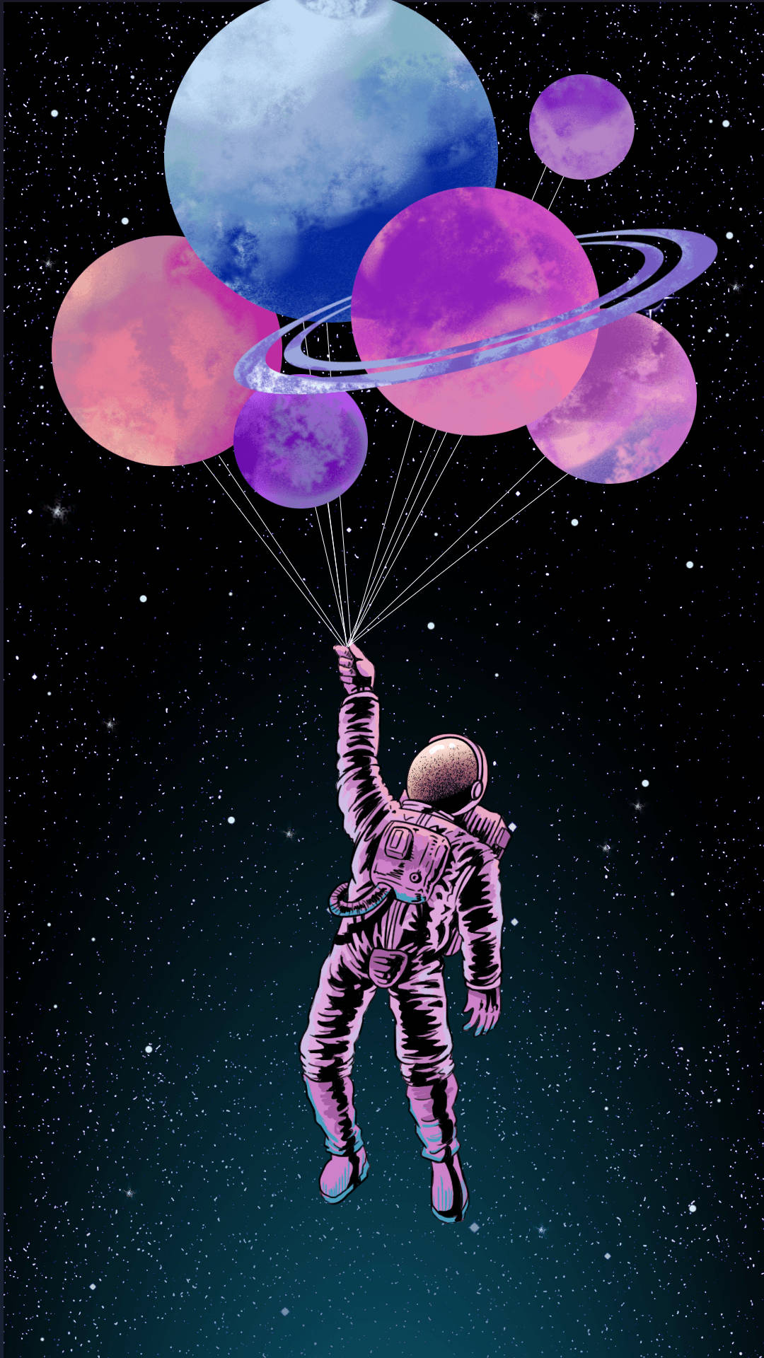 太空人在太空中漂浮，手持繩索連接到彩色行星。