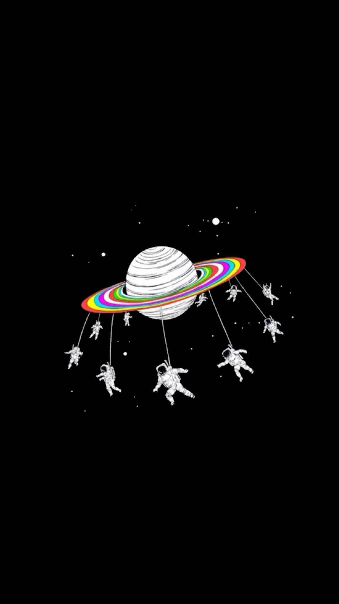 太空人懸掛在繩索上，圍繞著一個帶有彩虹環的行星在太空中。
