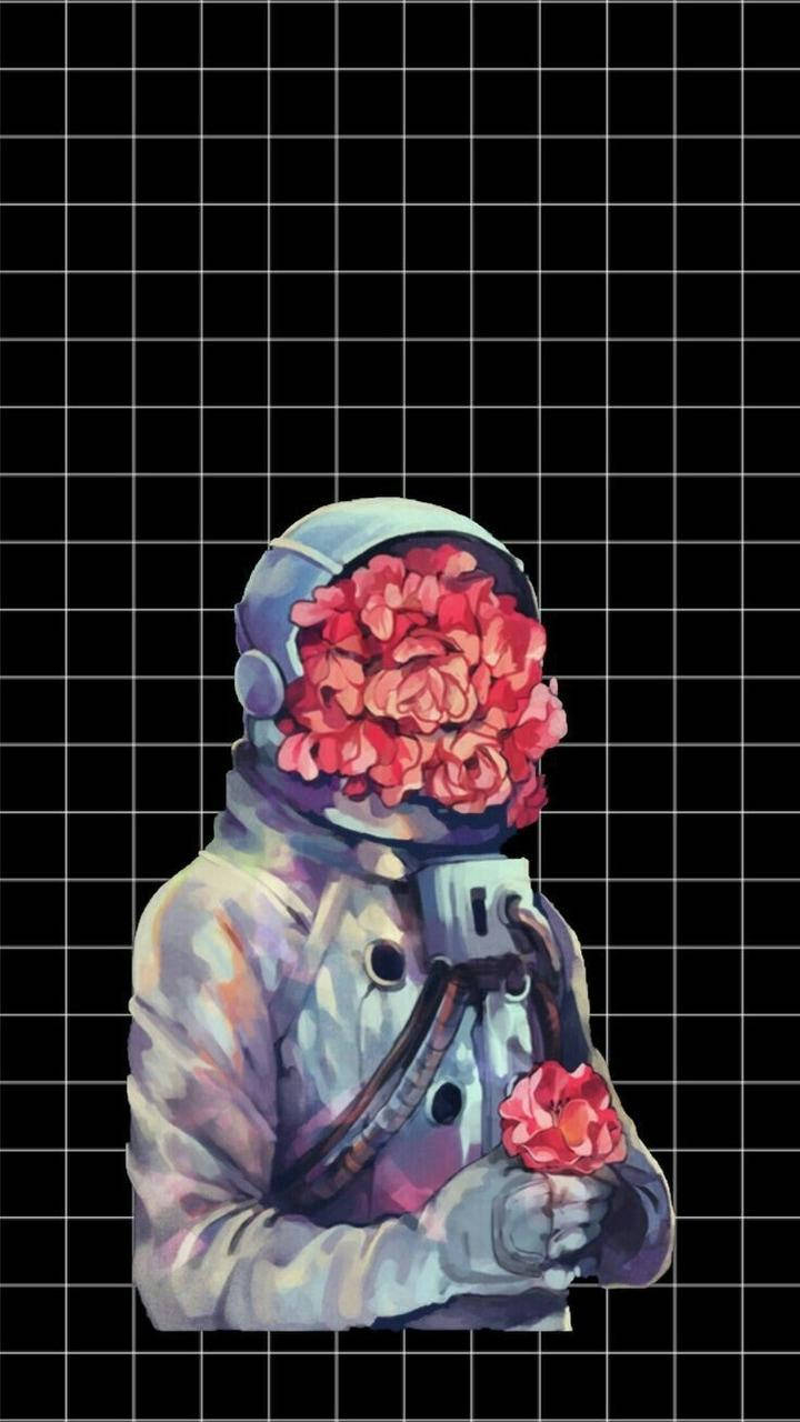 戴花卉頭盔的太空人在網格背景上拿著玫瑰