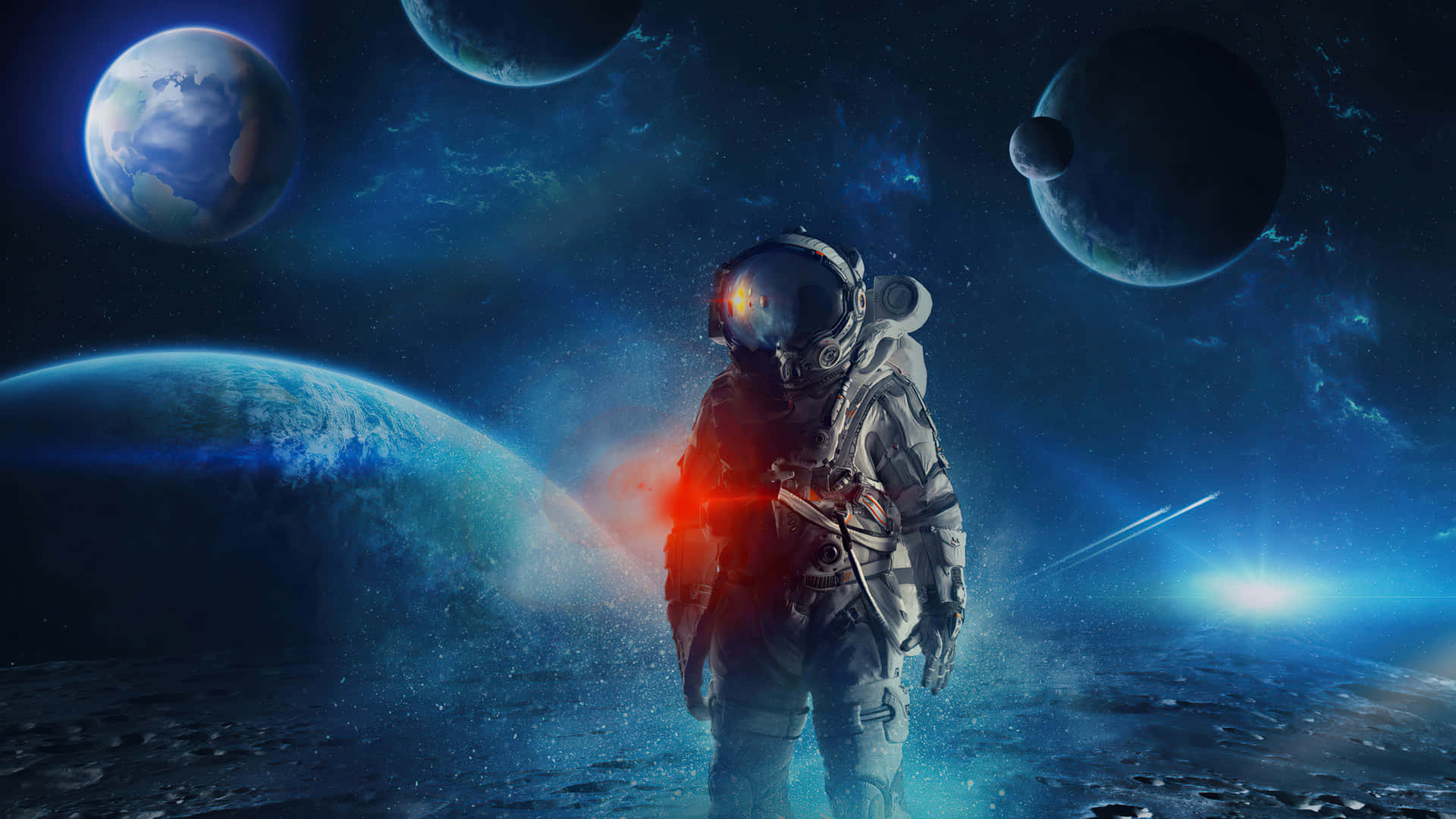 穿著太空衣的太空人站在外星行星上，背景有紅光和數顆行星。