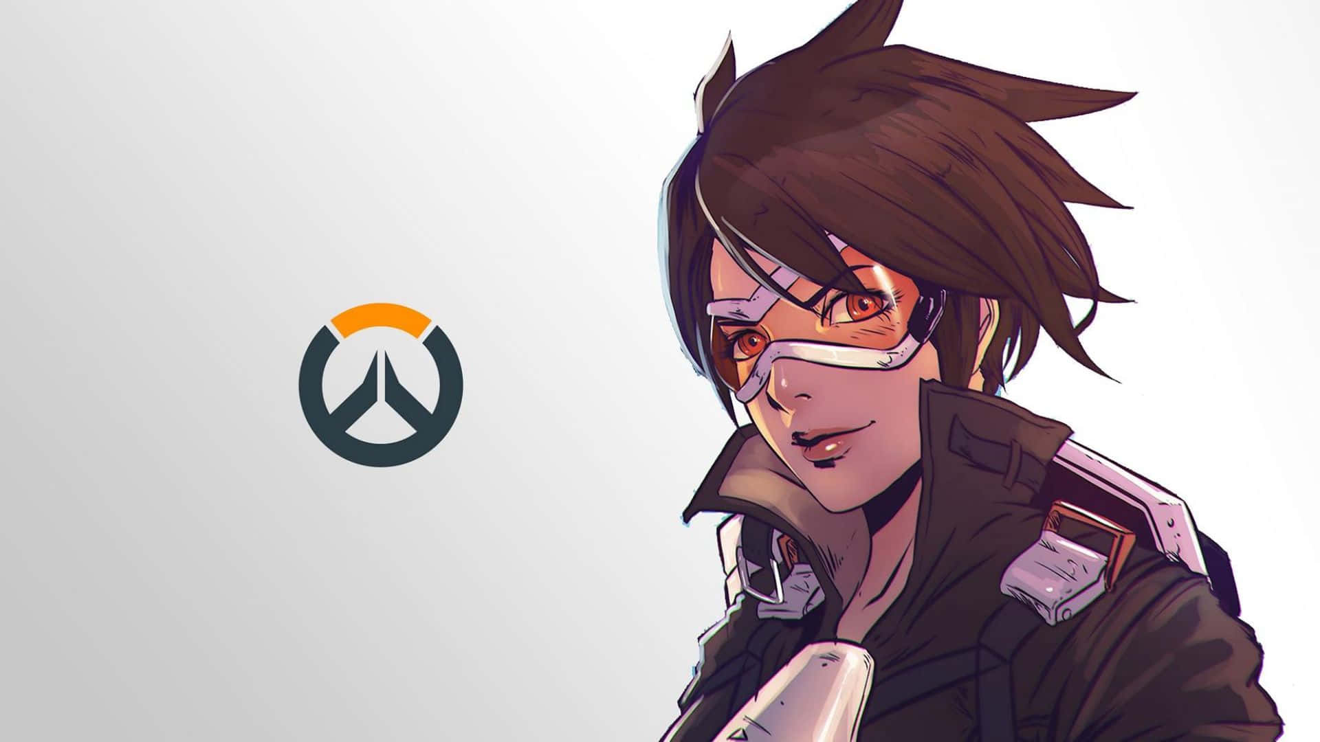 動漫Overwatch角色，戴著護目鏡和棕色頭髮，旁邊是Overwatch標誌。