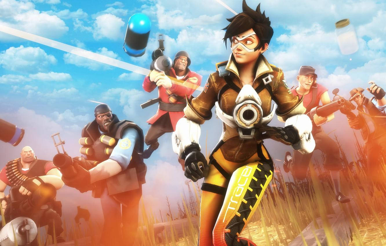 Overwatch 團隊在晴朗的天空下使用武器和漂浮的投射物進行戰鬥。
