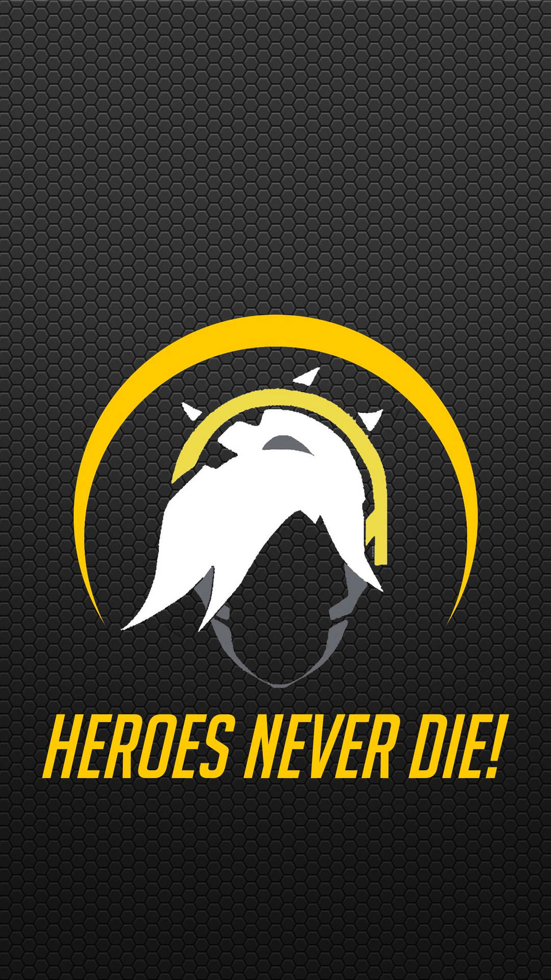 Overwatch標誌，白色英雄頭像和黃色弧線，深色六邊形背景，文字heroes never die