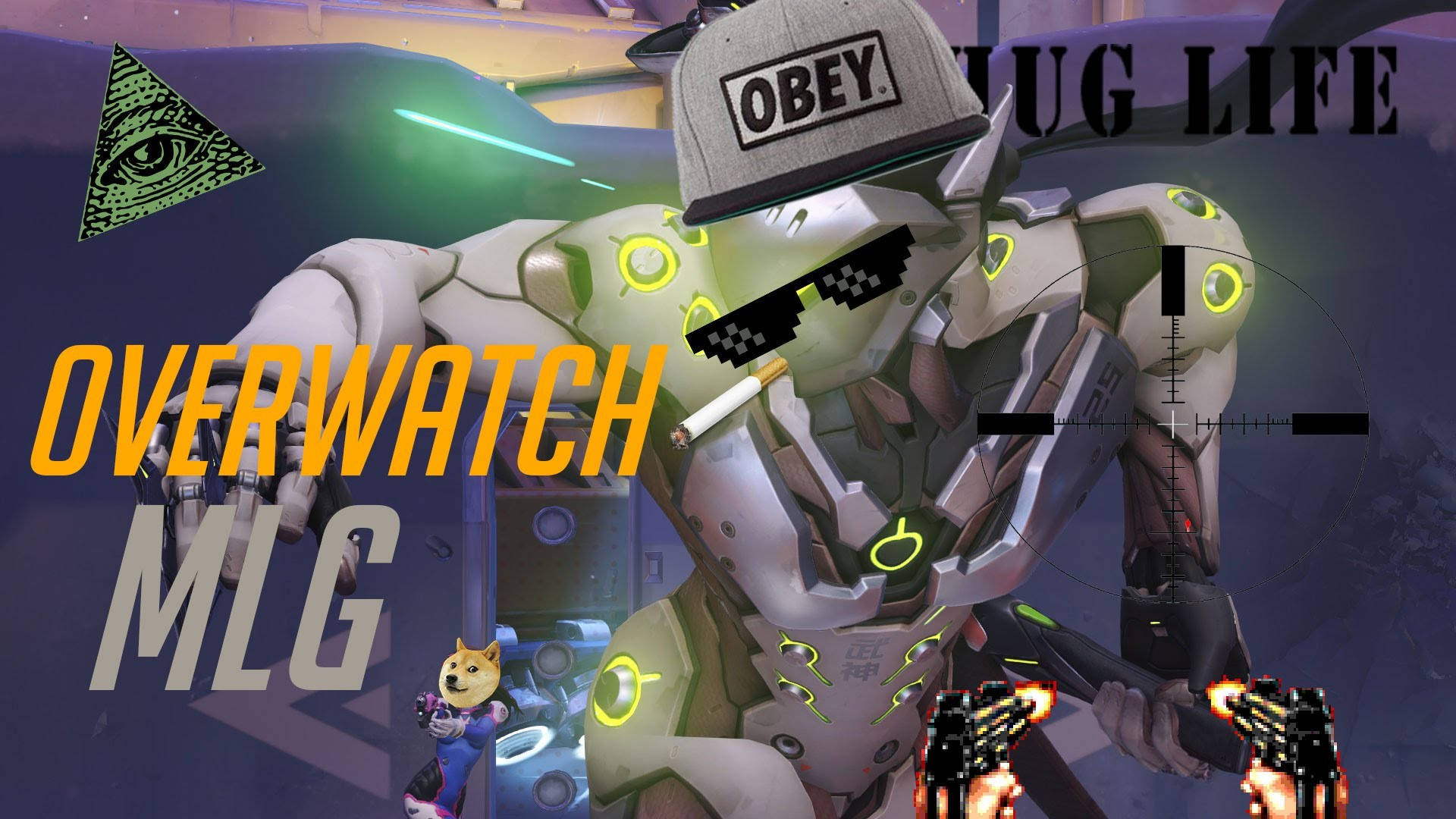 守望先鋒 剑豪 MLG 壁紙 — 一個戴灰色帽同像素化太陽眼鏡嘅 cyberpunk Overwatch 角色，一邊食煙一邊揸住有發光綠色點綴嘅武器。