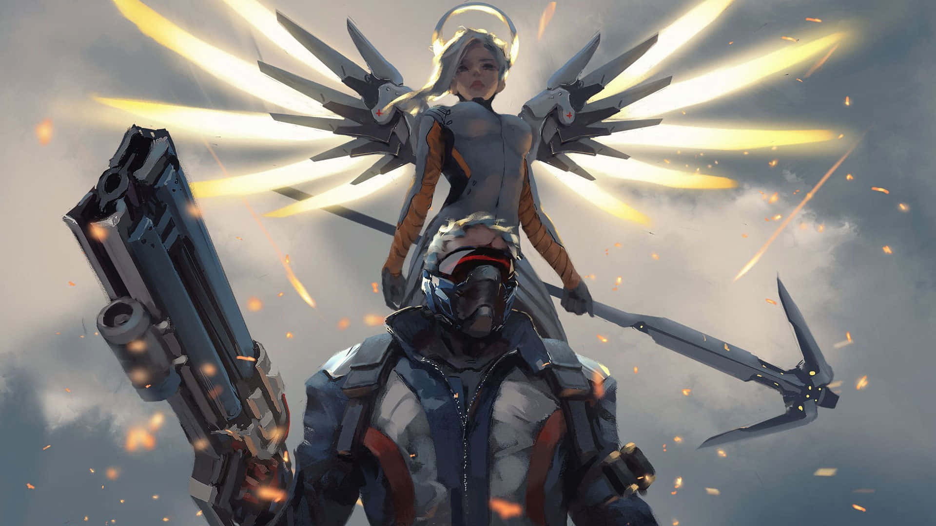 《守望先鋒》士兵76與 Mercy 背景 壁紙 — 一個擁有發光翅膀和光環的未來戰士，站在一個戴著面具、揮舞著大型武器的士兵身上，背景是暴風雨的天空。