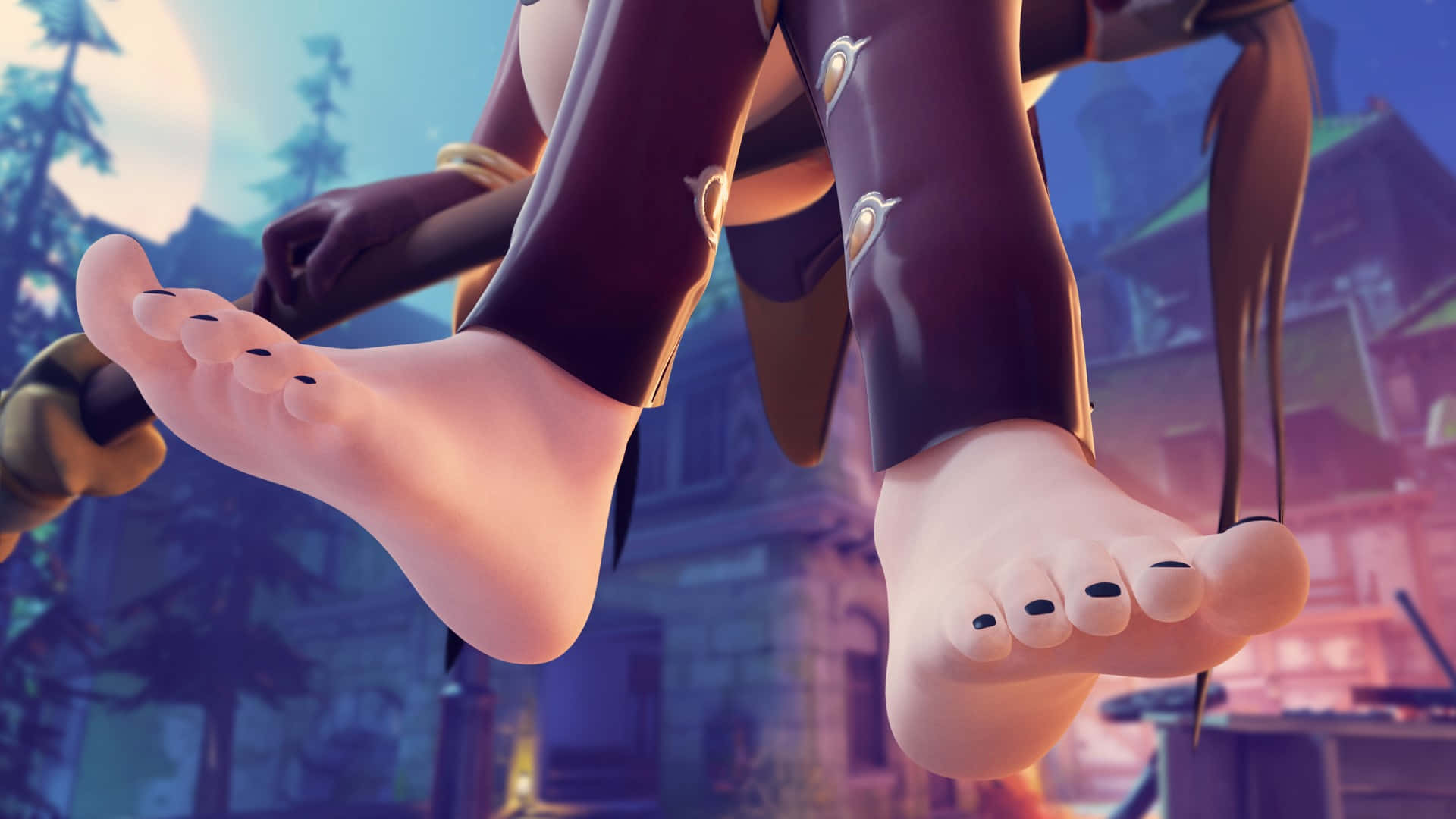 動漫角色赤腳塗黑色指甲油，在黃昏的奇幻村莊中懸掛。