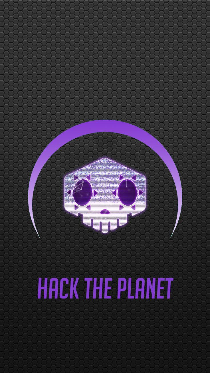 紫色骷髏頭與新月，深色六角形背景上文字 hack the planet