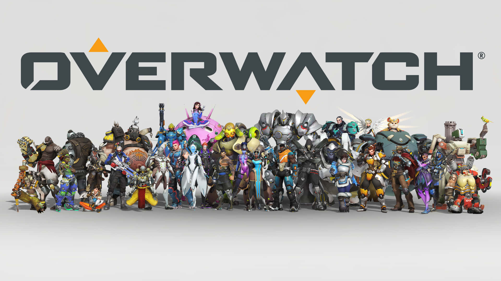 Overwatch 遊戲標誌，所有英雄角色排成一排。
