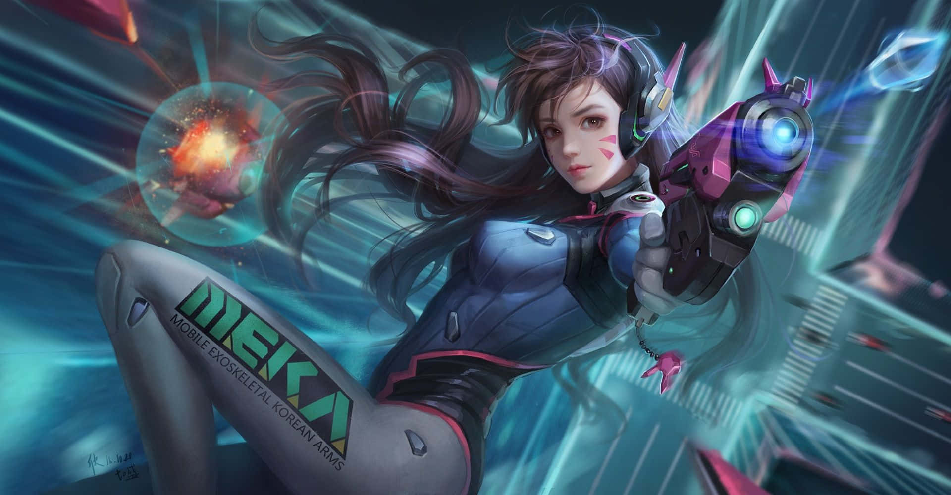 守望先鋒可愛遊戲角色 D.Va 壁紙 — 一位長黑髮的未來動漫戰士，在霓虹燈閃爍的賽博龐克城市景觀中揮舞著發光的紫色武器。