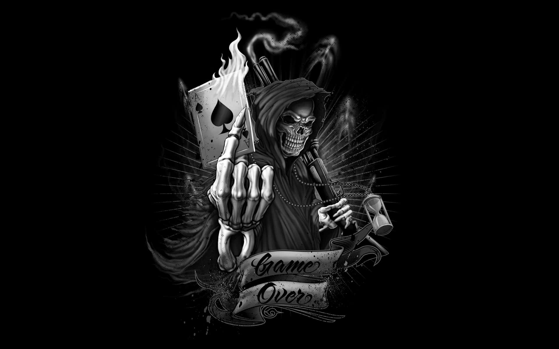 守望生命的終結 壁紙 — 一個穿著連帽長袍的骷髏死神，手持燃燒的黑桃A和冒煙的槍，還有沙漏和寫著game over的橫幅，背景為深色。
