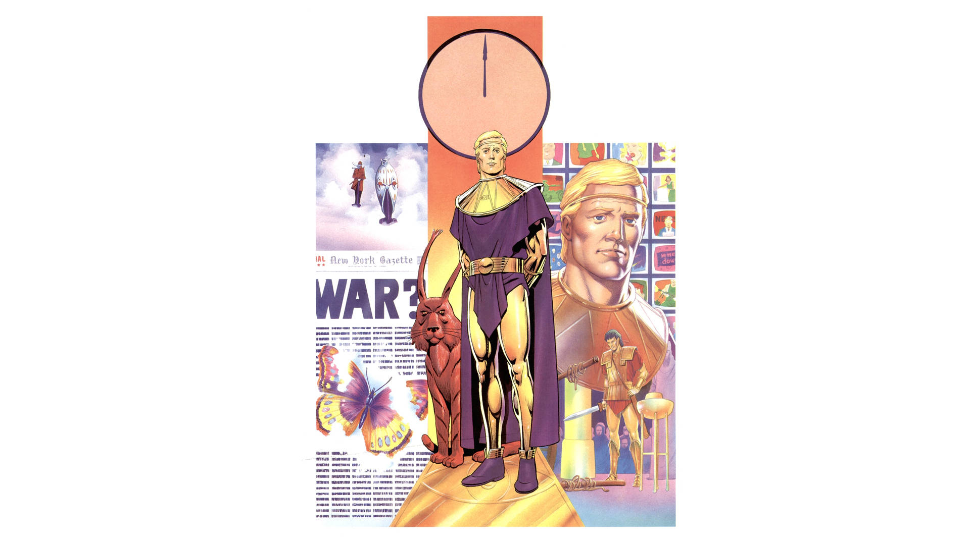 守望者 Ozymandias 英雄姿態 壁紙 — 漫畫書風格插圖，金色盔甲人物站在獅子旁邊，上方有報紙剪報和時鐘。