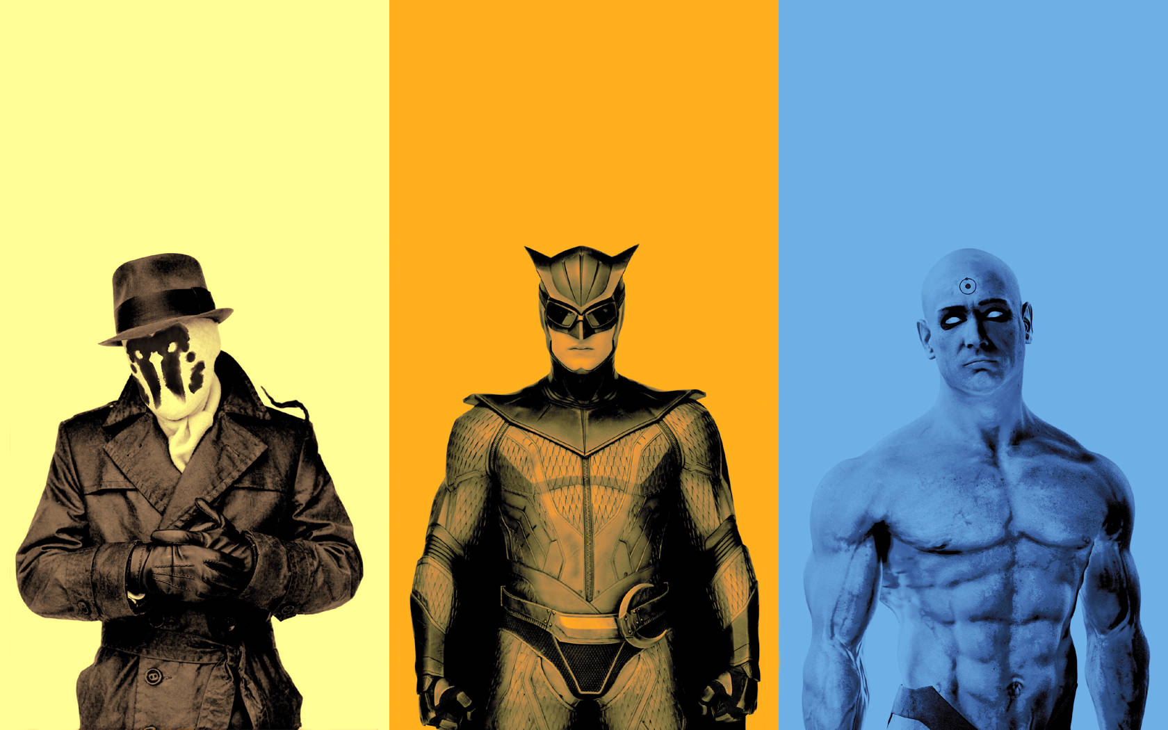 守望者 Rorschach、夜鷹、馬尼拉 壁紙 — 三個風格化的男性人物站在大膽的黃色、橙色和藍色面板前，各自具有獨特的面具或裸露胸膛的外觀。