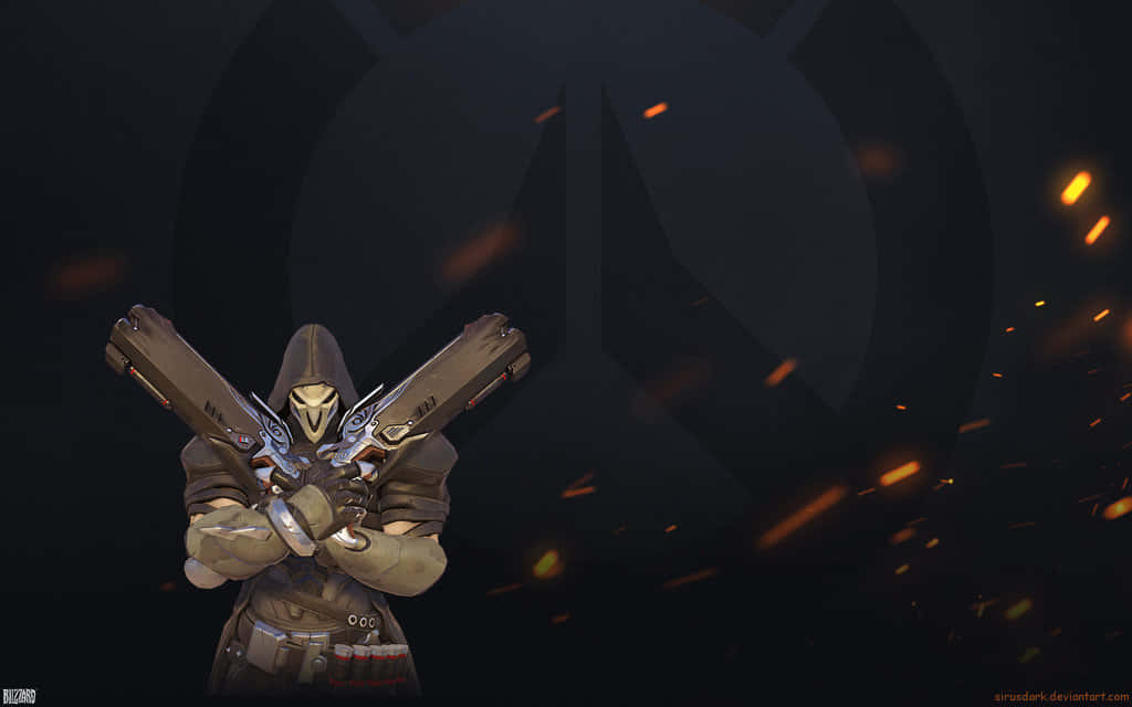 Overwatch角色著住連帽衫，喺黑暗背景中手持雙槍，周圍有漂浮嘅餘燼。