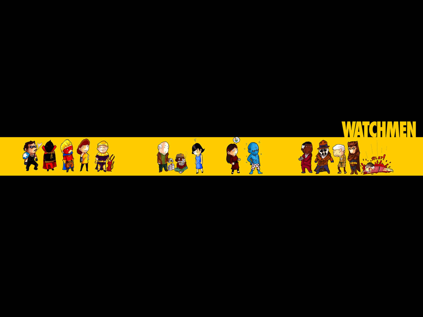 守望者迷你角色 壁紙 — 一排Q版風格的《Watchmen》角色站在黑色背景上的亮黃色條紋上，標題「Watchmen」以粗體黃色字體顯示。