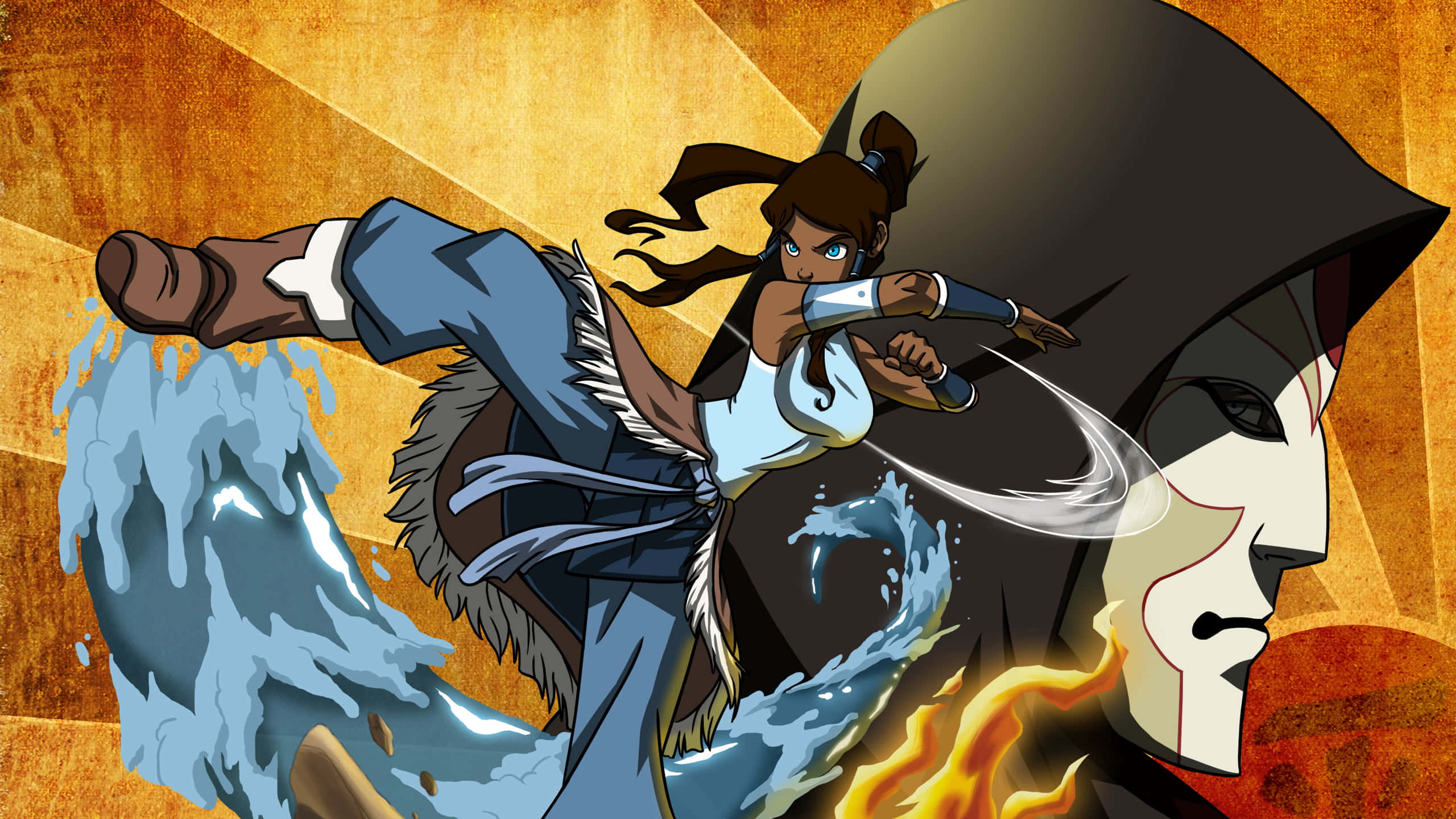 「守護四國的 Avatar」 壁紙 — 一個動態的動漫戰士在半空中跳躍，揮舞著劍，身後的水在熾熱的背景中噴湧而出。