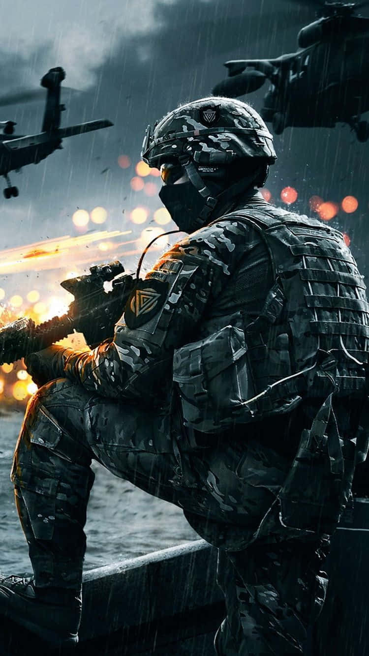 雨中的士兵，背景有直升機和爆炸