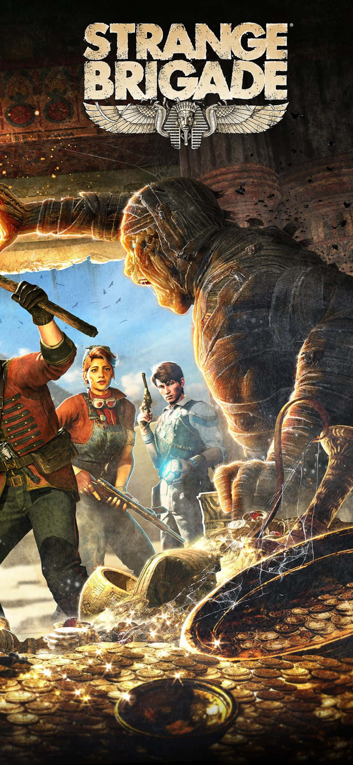 守護寶藏的殭屍守衛 iPhone X Strange Brigade 背景 壁紙 — 三位冒險者在古老神廟中與巨型木乃伊爭奪寶藏。