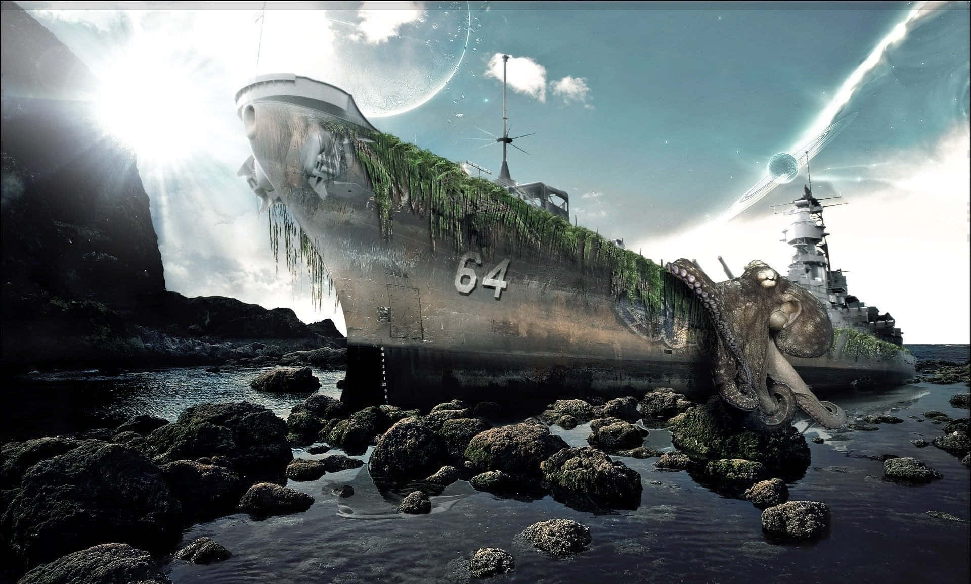守護海洋安全 壁紙 — 一艘風化的軍艦64號擱淺在長滿綠色苔蘚和藤蔓的岩石海岸上，一隻巨型章魚在超現實的外星天空下從水中浮現。