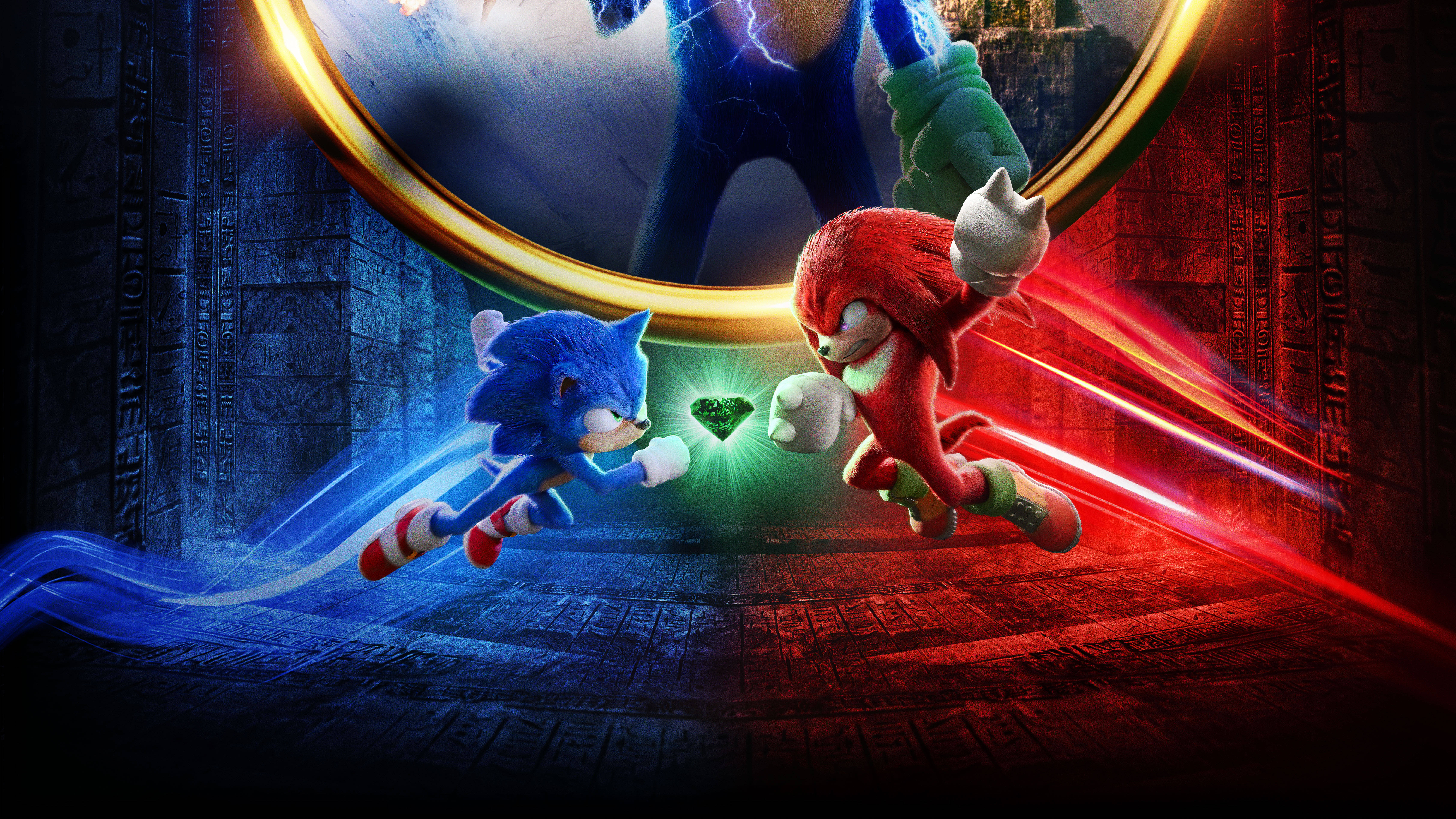 守護者 Knuckles the Echidna 動作瞬間 壁紙 — Sonic 和 Knuckles 在黑暗的古老寺廟中穿過發光的金色圓環向相反方向奔跑。