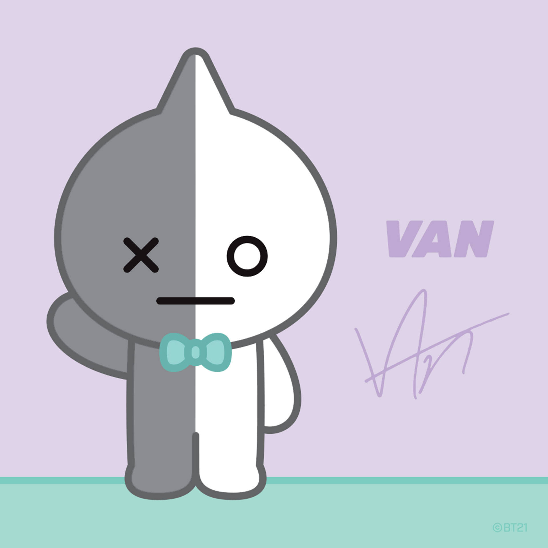 守護者Van BT21 壁紙 — 一個可愛的分裂臉卡通角色，一隻眼睛，另一隻眼睛是X，戴著青綠色領結，背景是柔和的薰衣草色。