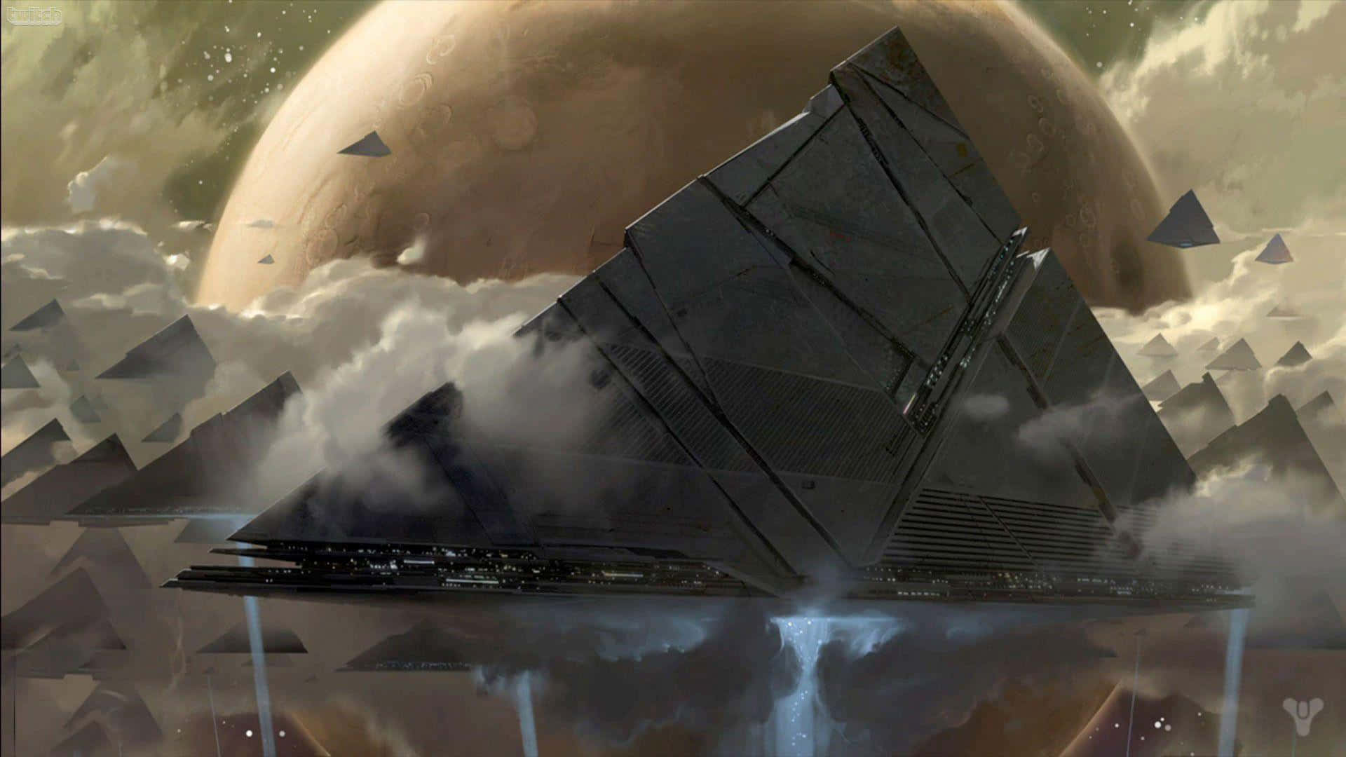 一艘未來風格的太空船在巨大的橙色行星附近突破雲層。