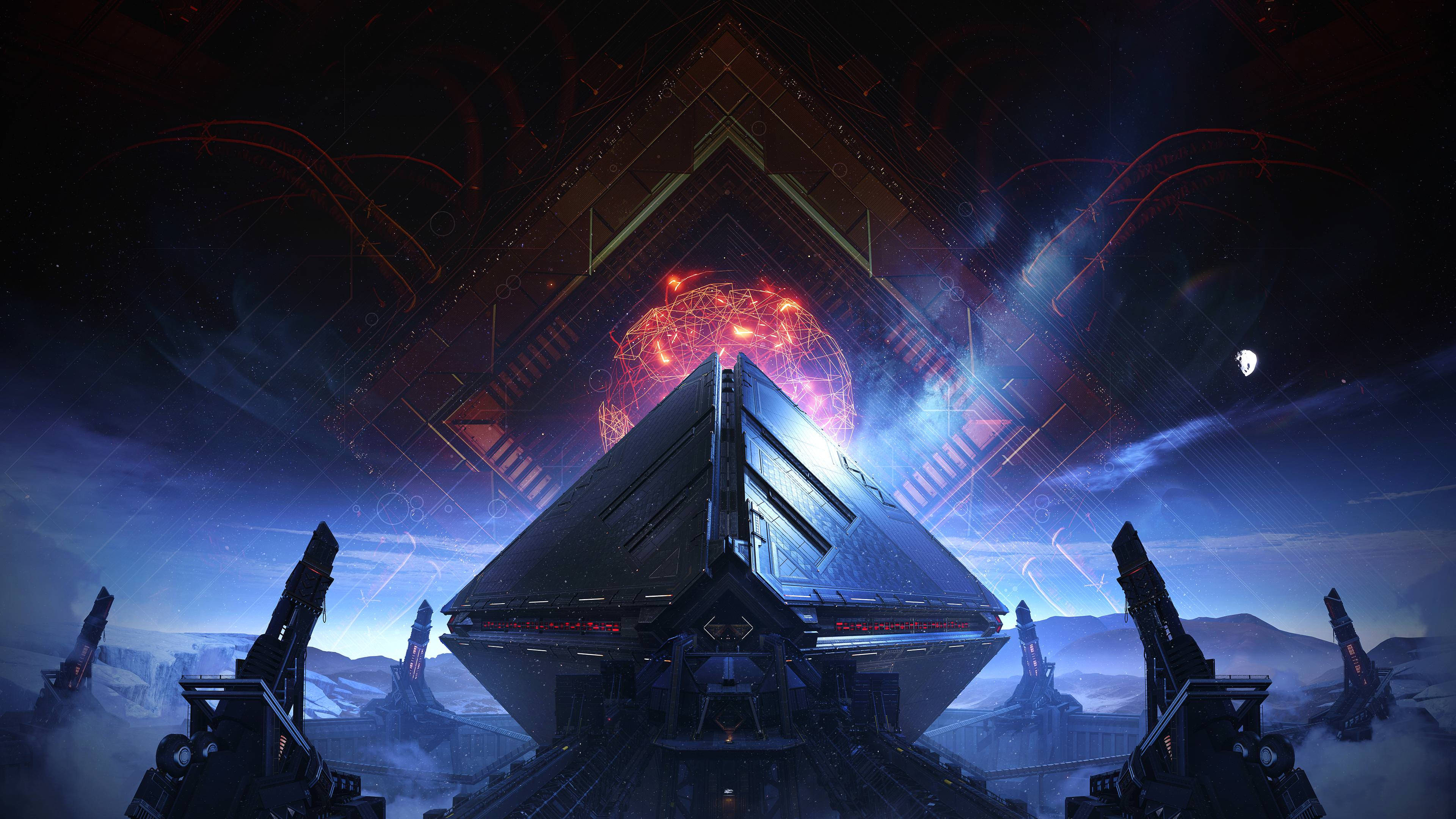 守護者崛起：《Destiny 2：Shadowkeep》 壁紙 — 一艘未來主義的金字塔形太空船在星空下、發光的紅色能量球上方，盤旋在雪白的外星景觀之上。