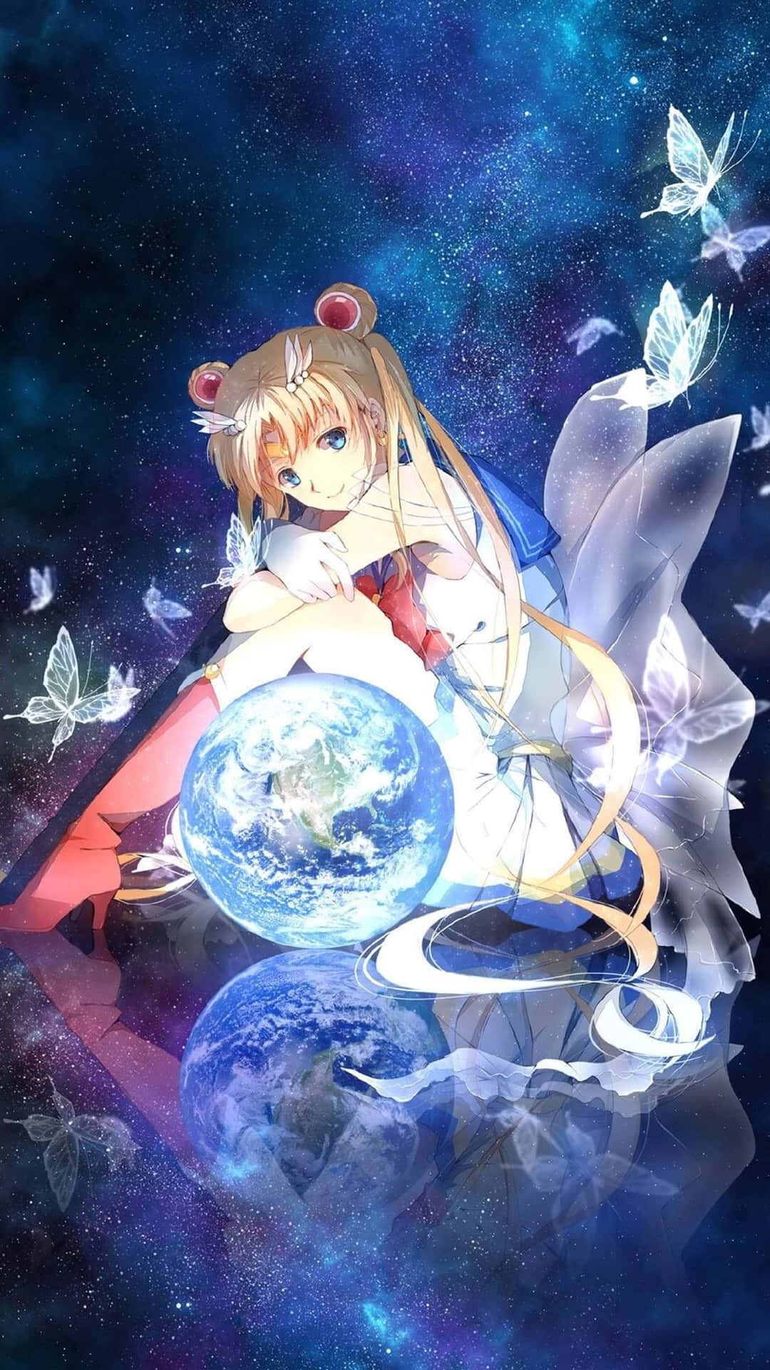 擁有兔耳嘅動漫少女喺星光宇宙中，喺發光蝴蝶環繞下抱住地球球體。