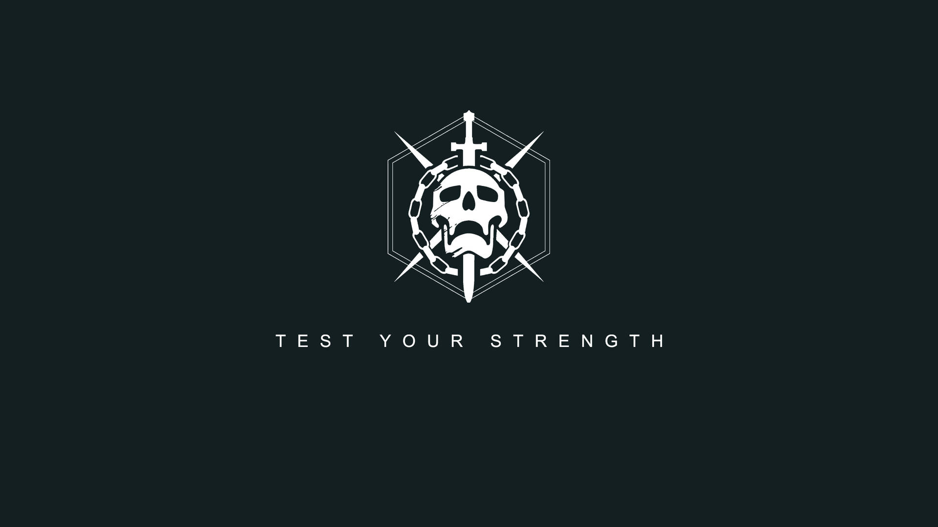 白色骷髏標誌，帶有交叉的劍和鏈條，在深色背景上，文字 test your strength