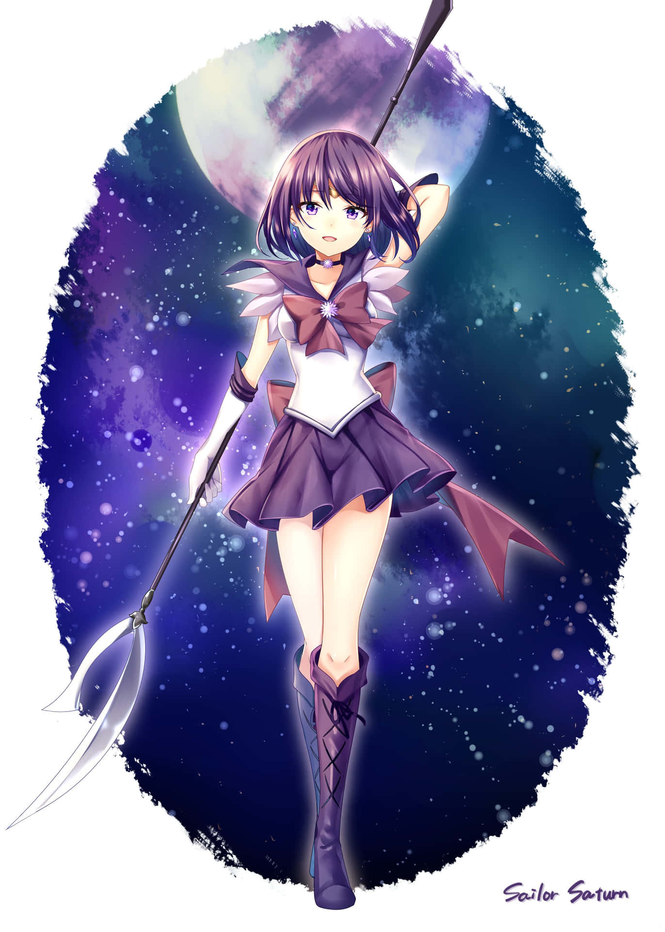 動畫角色 Sailor Saturn 在星空夜空中手持鐮刀。